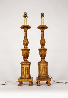 Large Neoclassical Carved Gilt Wood Lamps - Pair