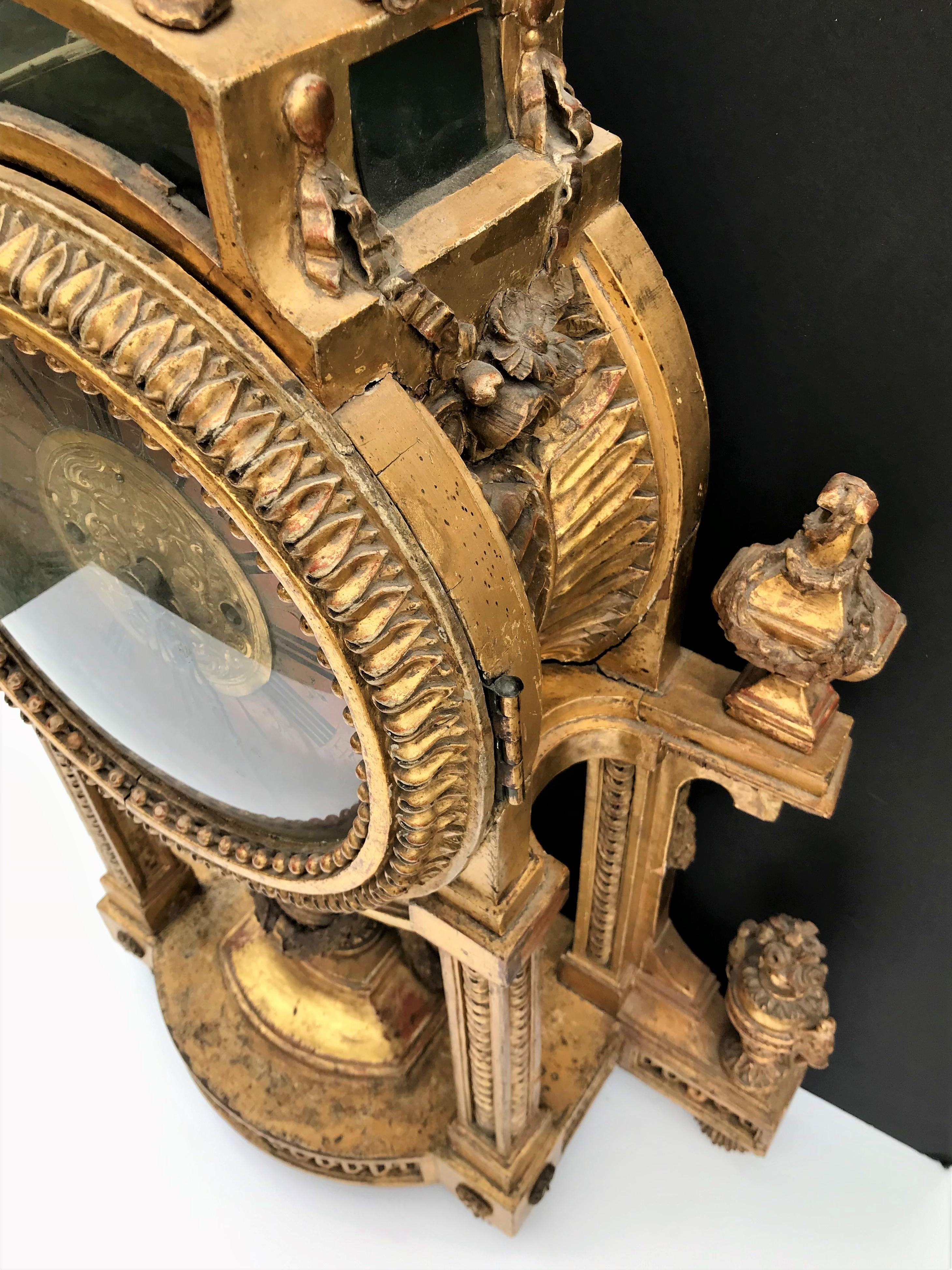 18th Century Large Neoclassical Carved Giltwood Mantel Clock Allegory of Time For Sale
