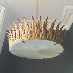 Large Neoclassical Gilt Ceiling Light in the Shape of a Crown or Sunburst