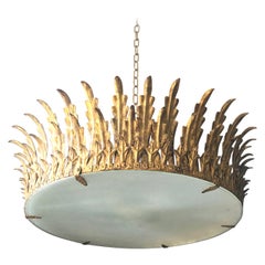Large Neoclassical Gilt Ceiling Light in the Shape of a Crown or Sunburst