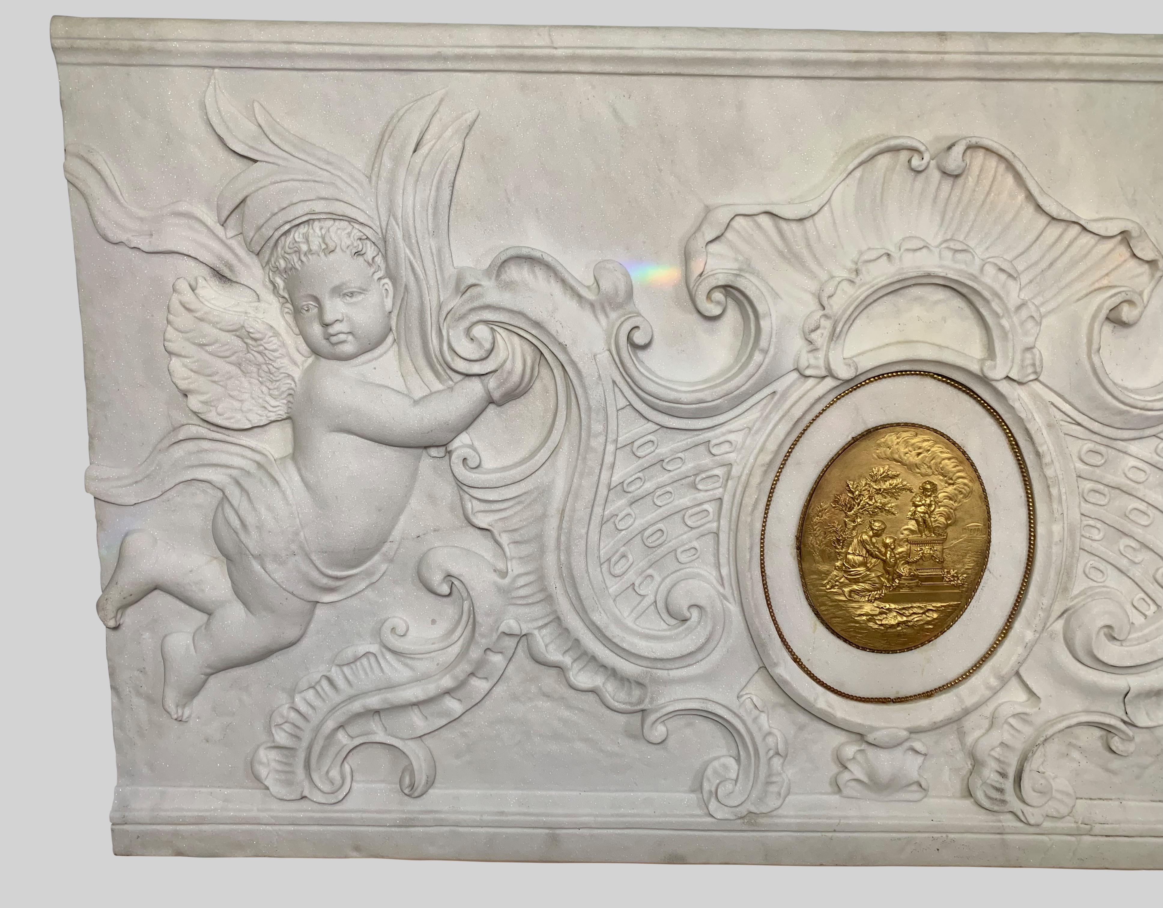 French Large Neoclassical Hand Carved White Marble Bas Relief / Plaque For Sale