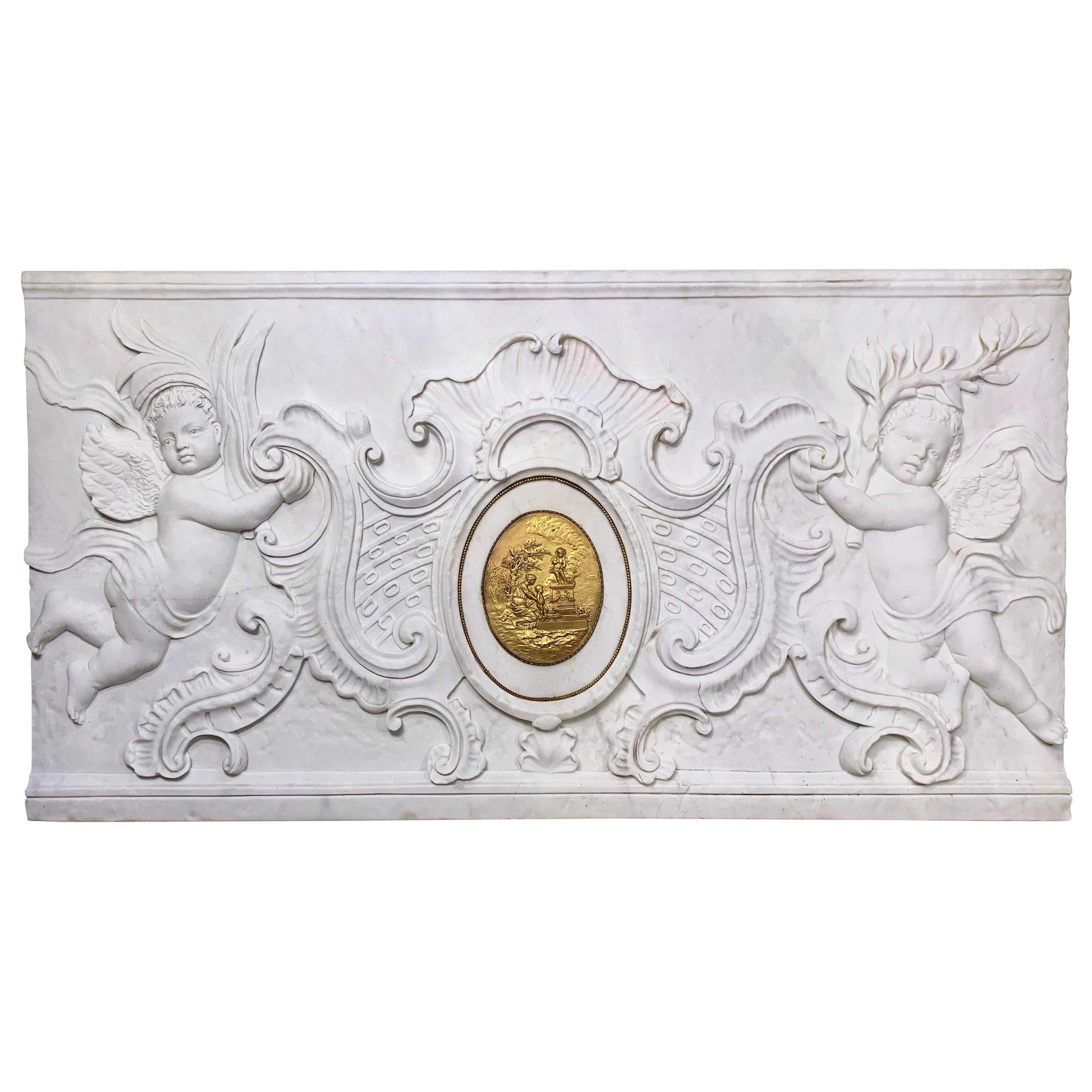 Grand bas-relief / plaque néoclassique en marbre blanc sculpté à la main