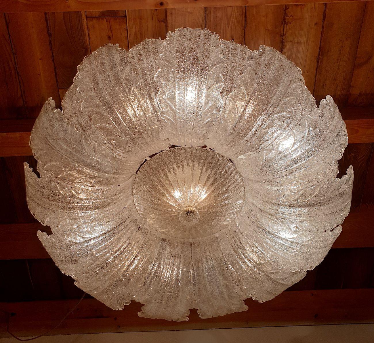 Large Murano glass flush mount chandelier, Barovier style In Excellent Condition In Dallas, TX