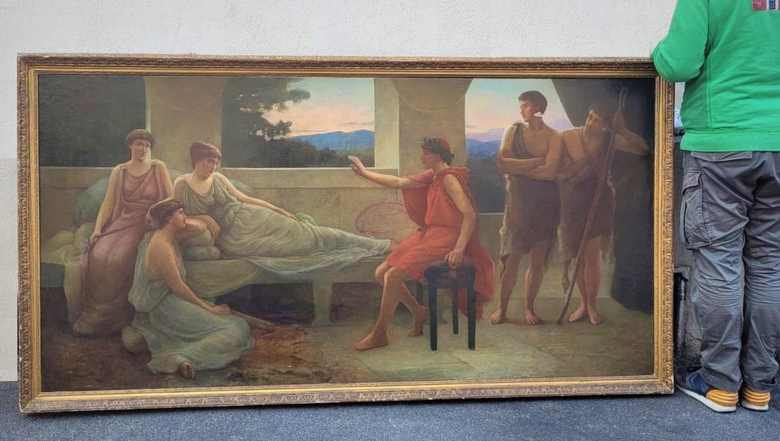 Very large oil on canvas representing a young man crowned with laurels, seated in front of muses and shepherds In the background, a very beautiful landscape

Very good condition, 1 hole and some scratches

Original canvas, with original stretcher,