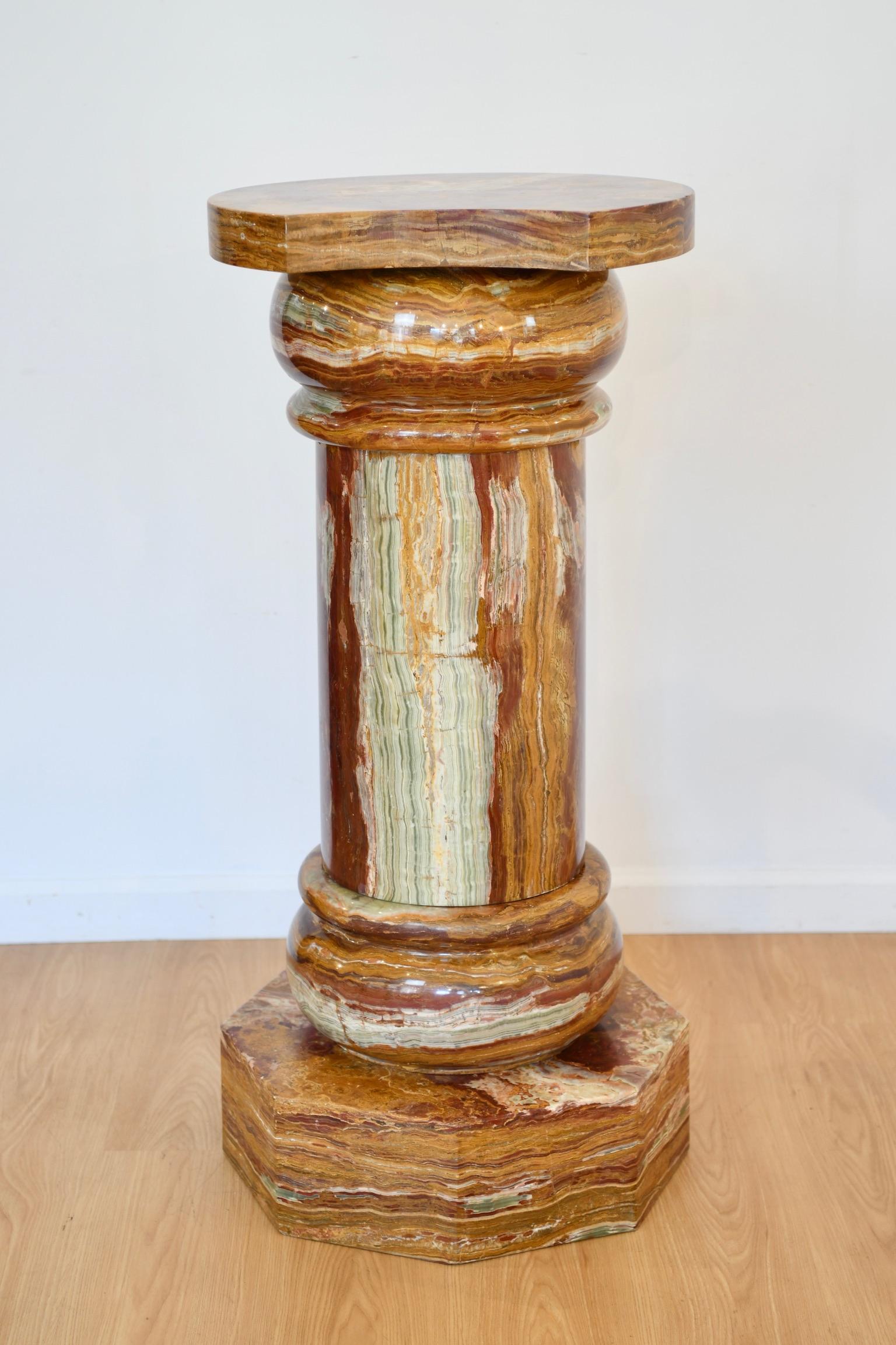 Large and very hefty five part onyx pedestal with green and brown hues, likely Italian. Dimensions: 40
