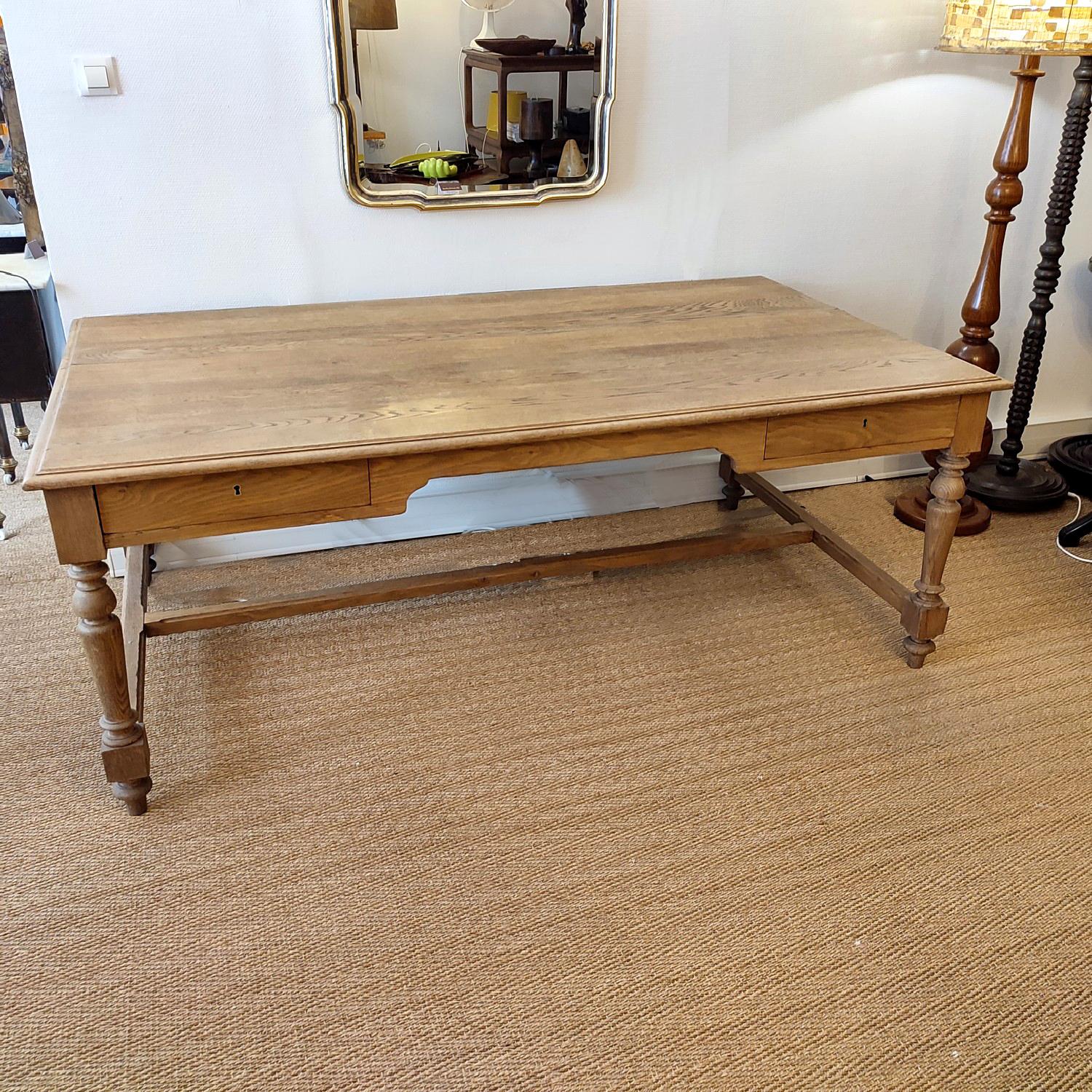 Large Neoclassical Solid Oak French Desk with 2 Drawers In Fair Condition In NANTES, FR
