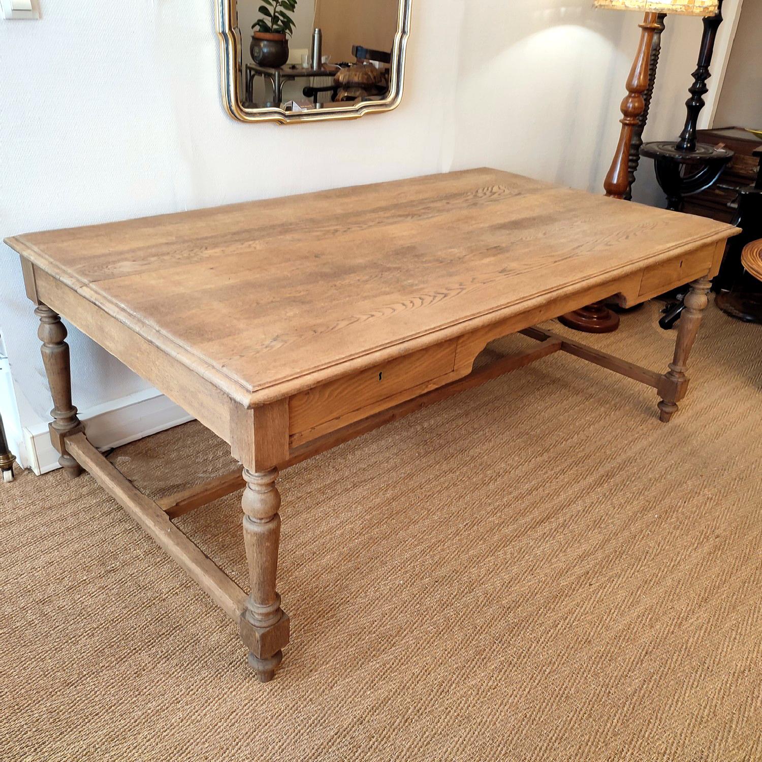 19th Century Large Neoclassical Solid Oak French Desk with 2 Drawers