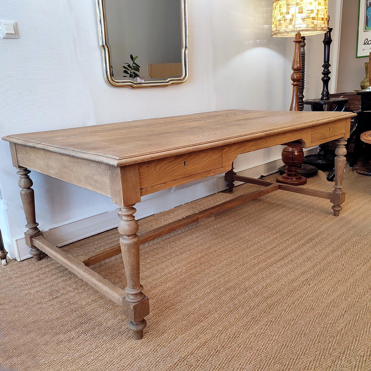 Large Neoclassical Solid Oak French Desk with 2 Drawers 1