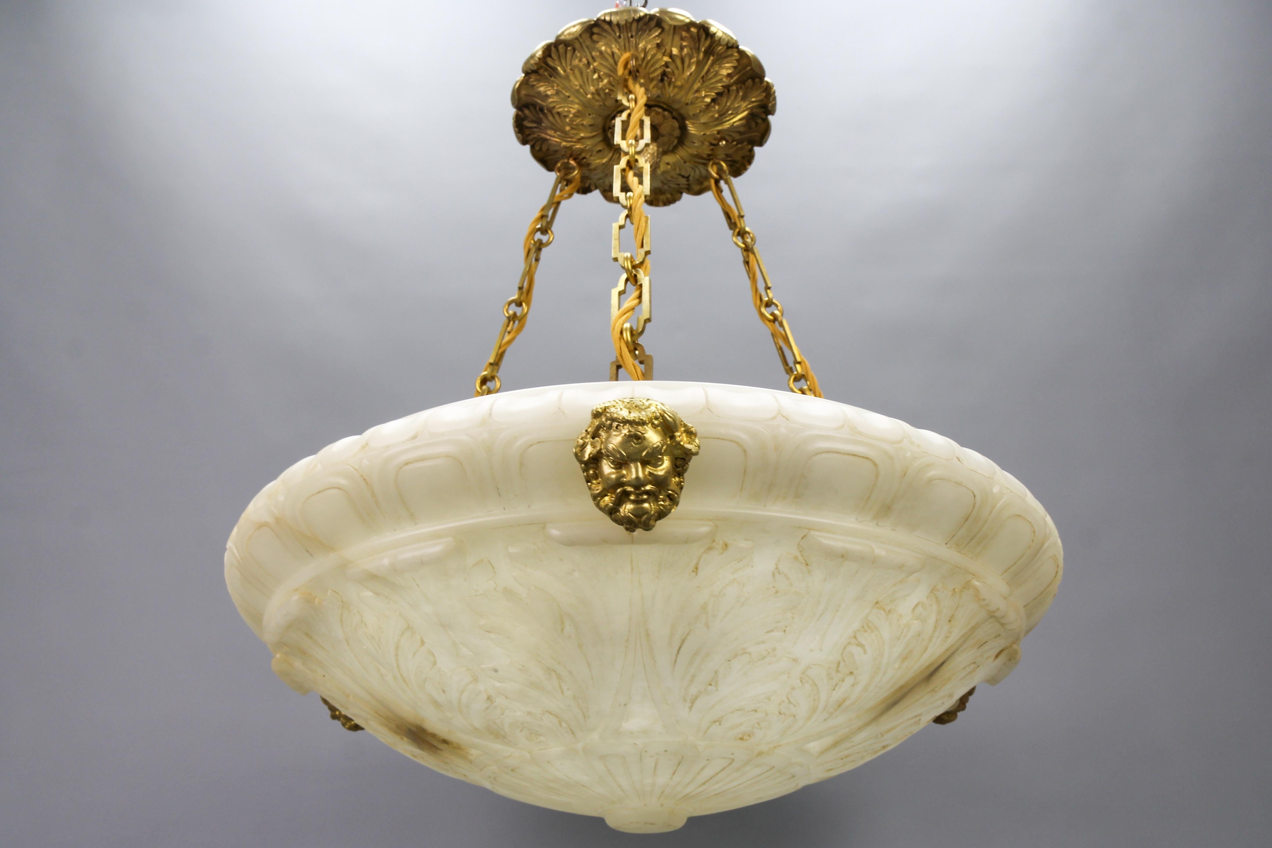 French Large Neoclassical Style Alabaster and Bronze Pendant Light Fixture, ca. 1890 For Sale
