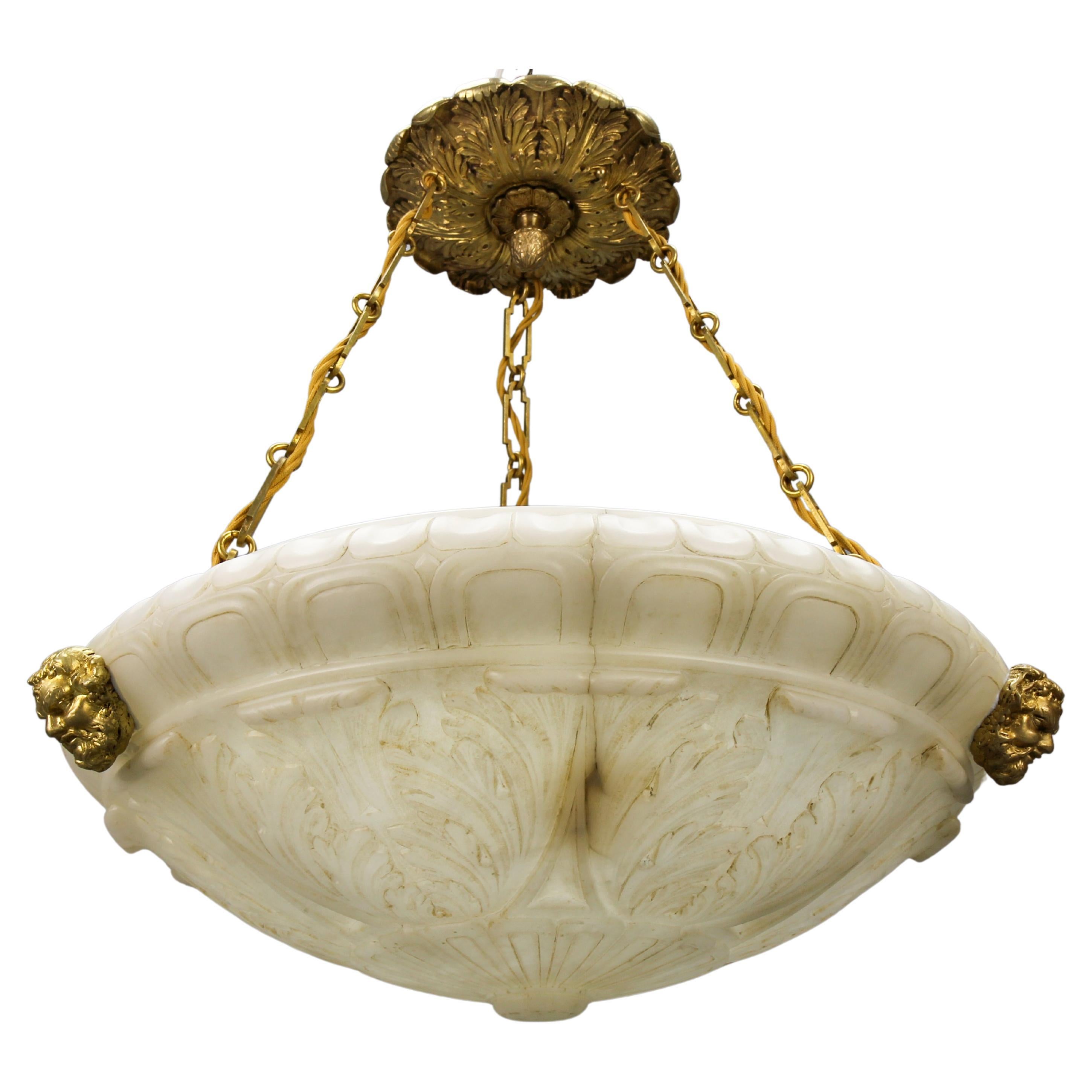 Large Neoclassical Style Alabaster and Bronze Pendant Light Fixture, ca. 1890