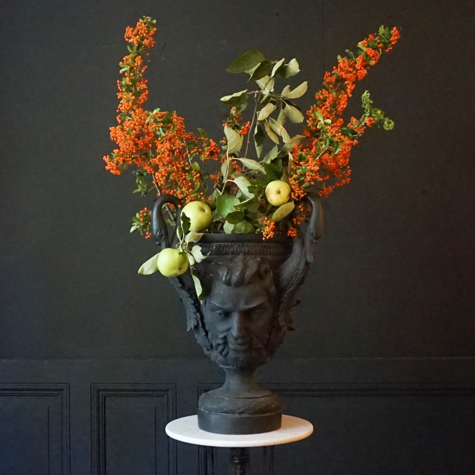 European Large Neoclassical Style Blackened Jardiniere Faun Sater Faces and Swan Torso's