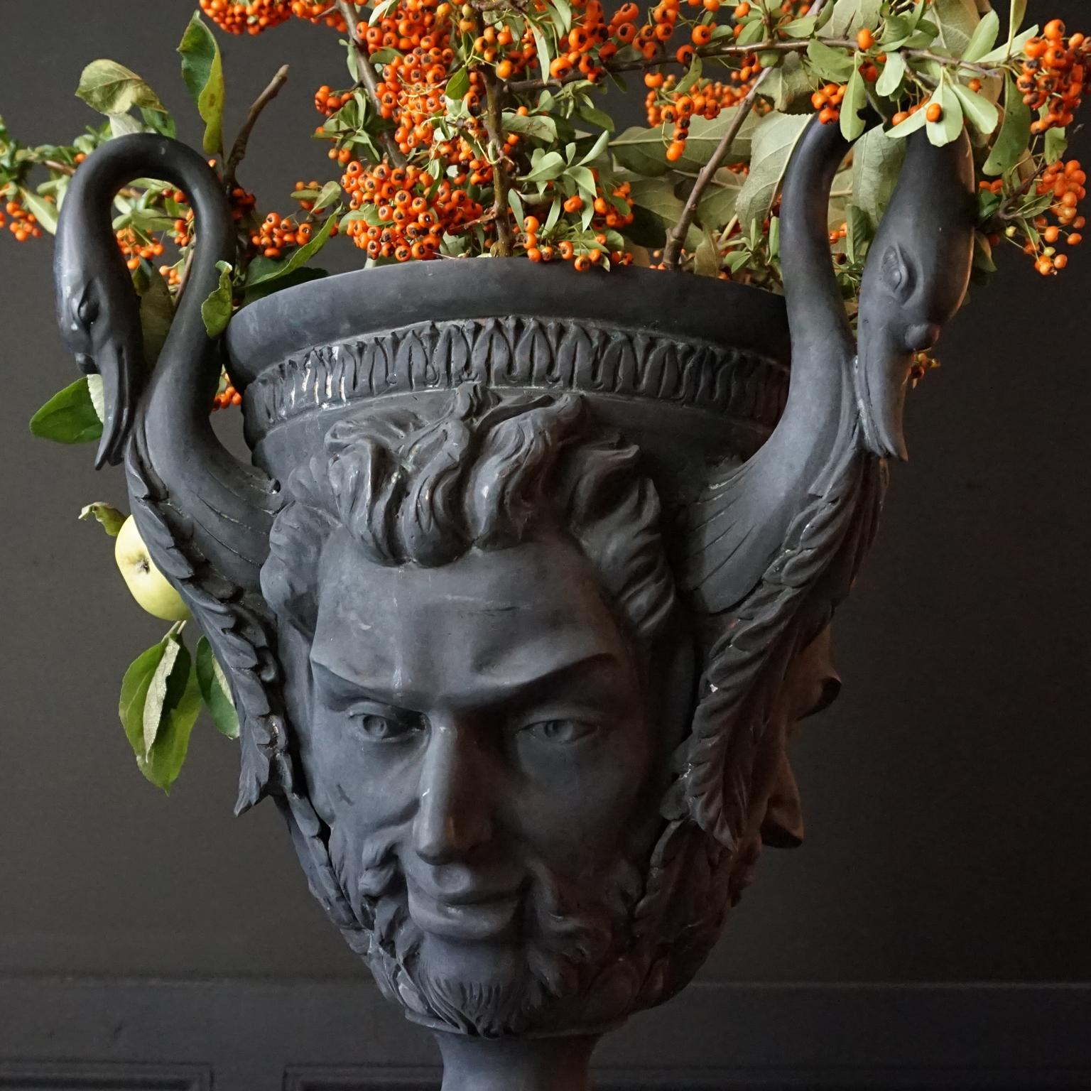 Large Neoclassical Style Blackened Jardiniere Faun Sater Faces and Swan Torso's For Sale 1