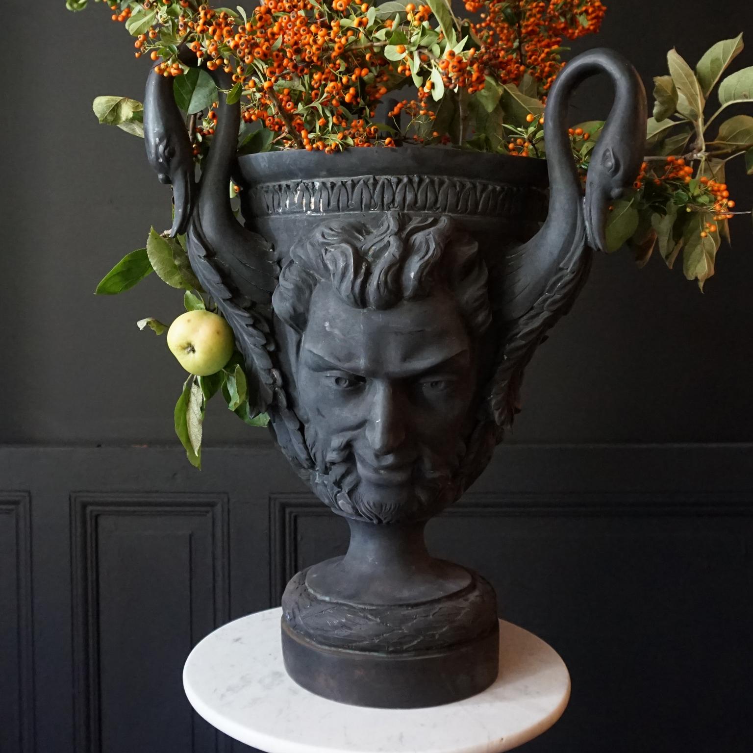 Large Neoclassical Style Blackened Jardiniere Faun Sater Faces and Swan Torso's 2