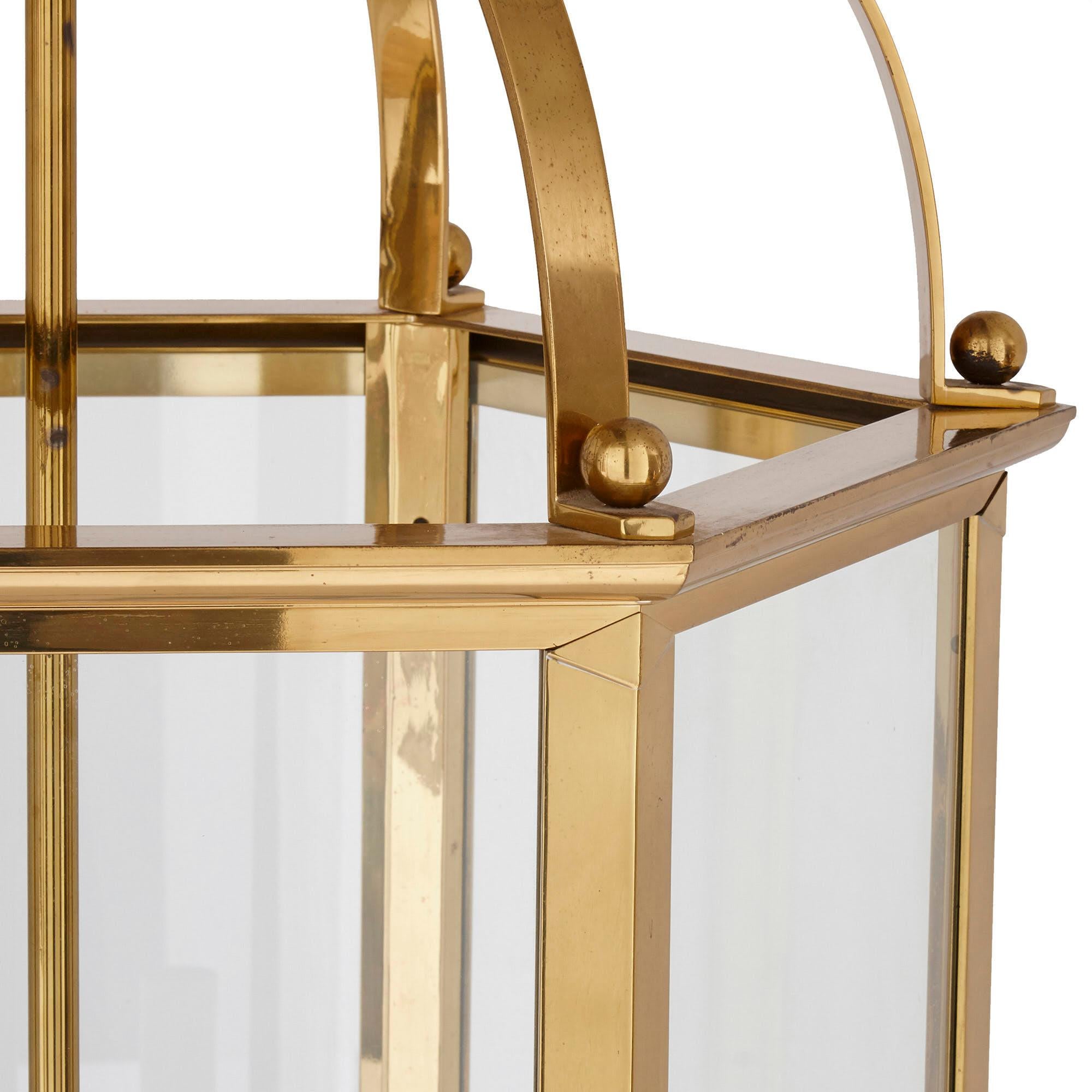 French Large Neoclassical Style Brass and Plate Glass Lantern For Sale