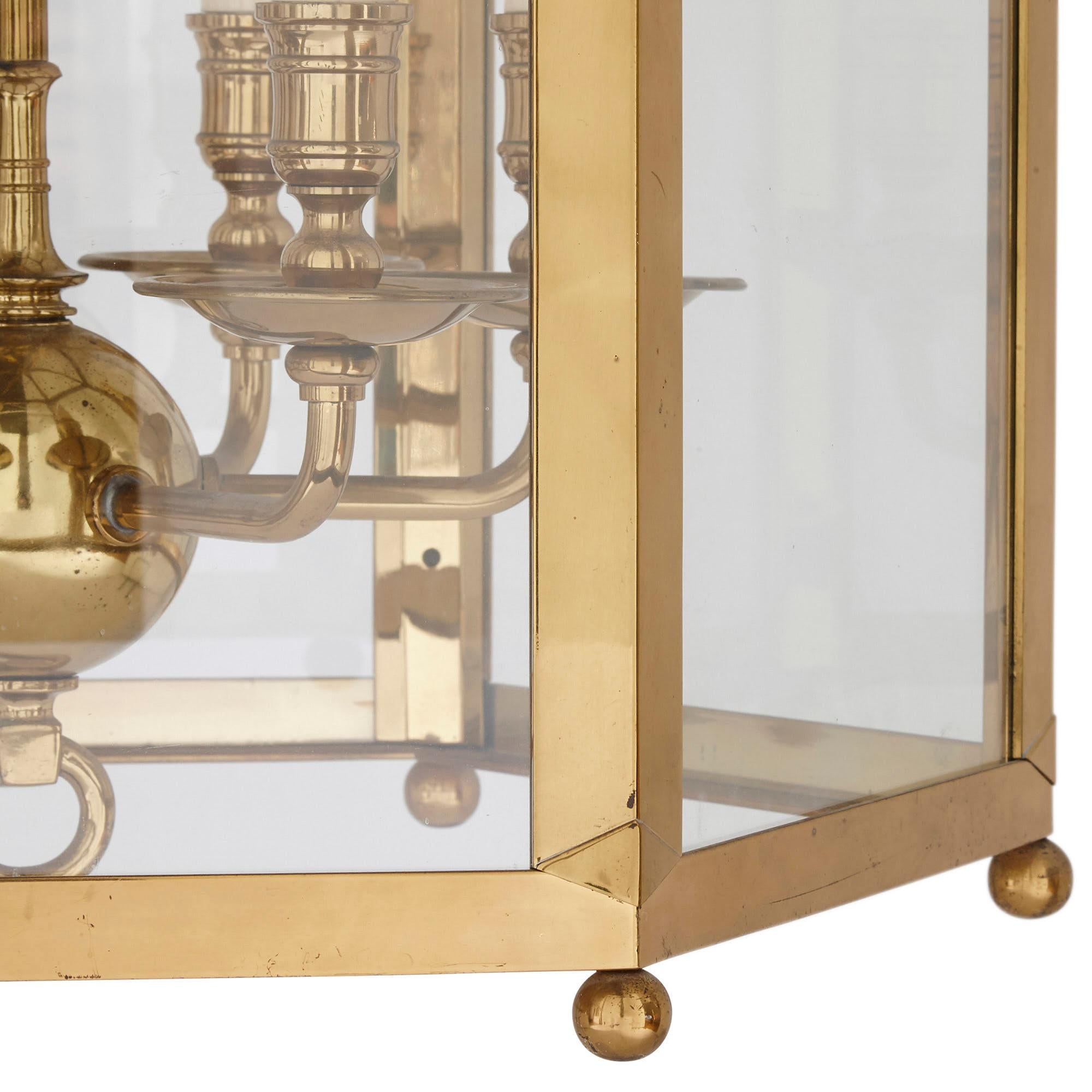 Polished Large Neoclassical Style Brass and Plate Glass Lantern For Sale
