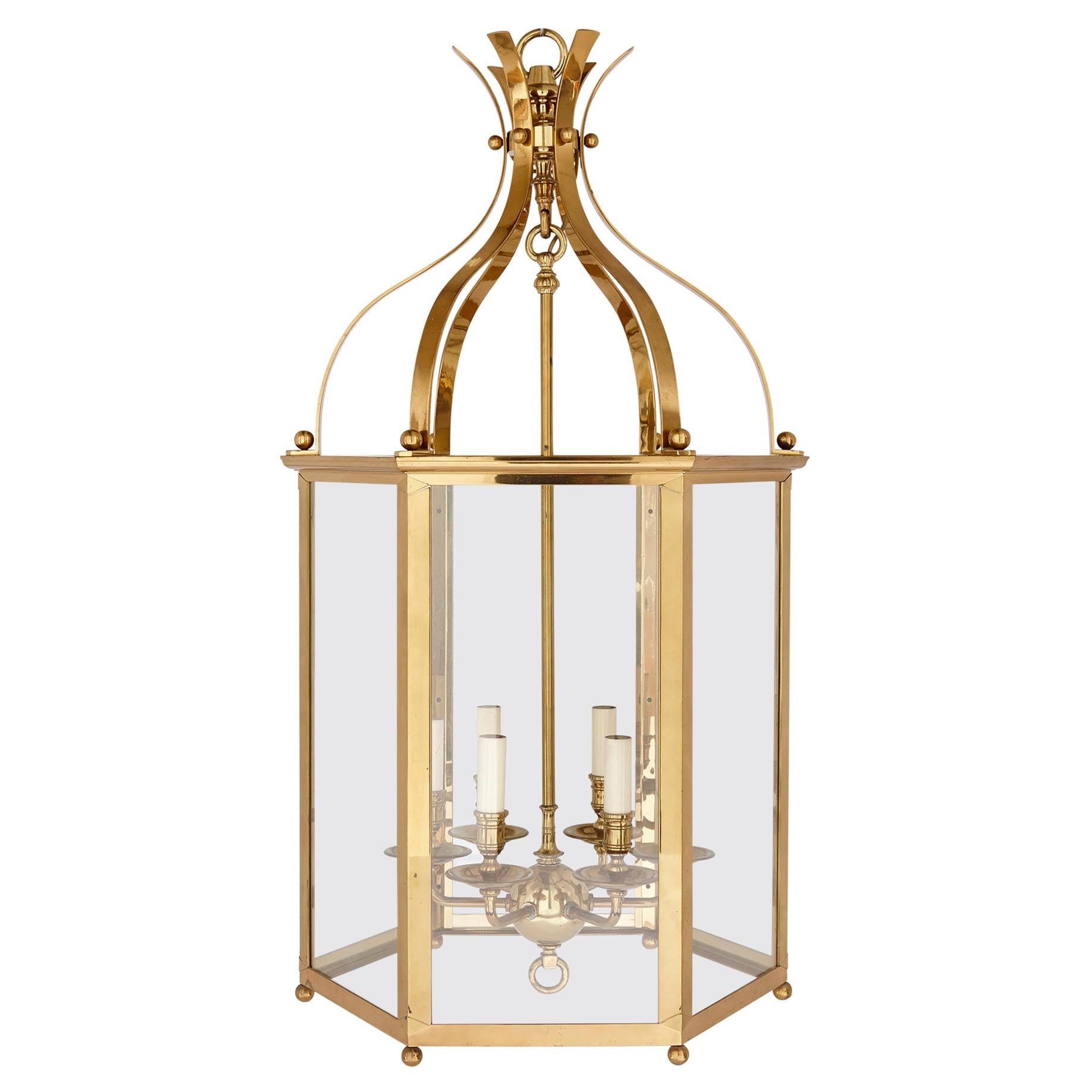 Large Neoclassical Style Brass and Plate Glass Lantern For Sale