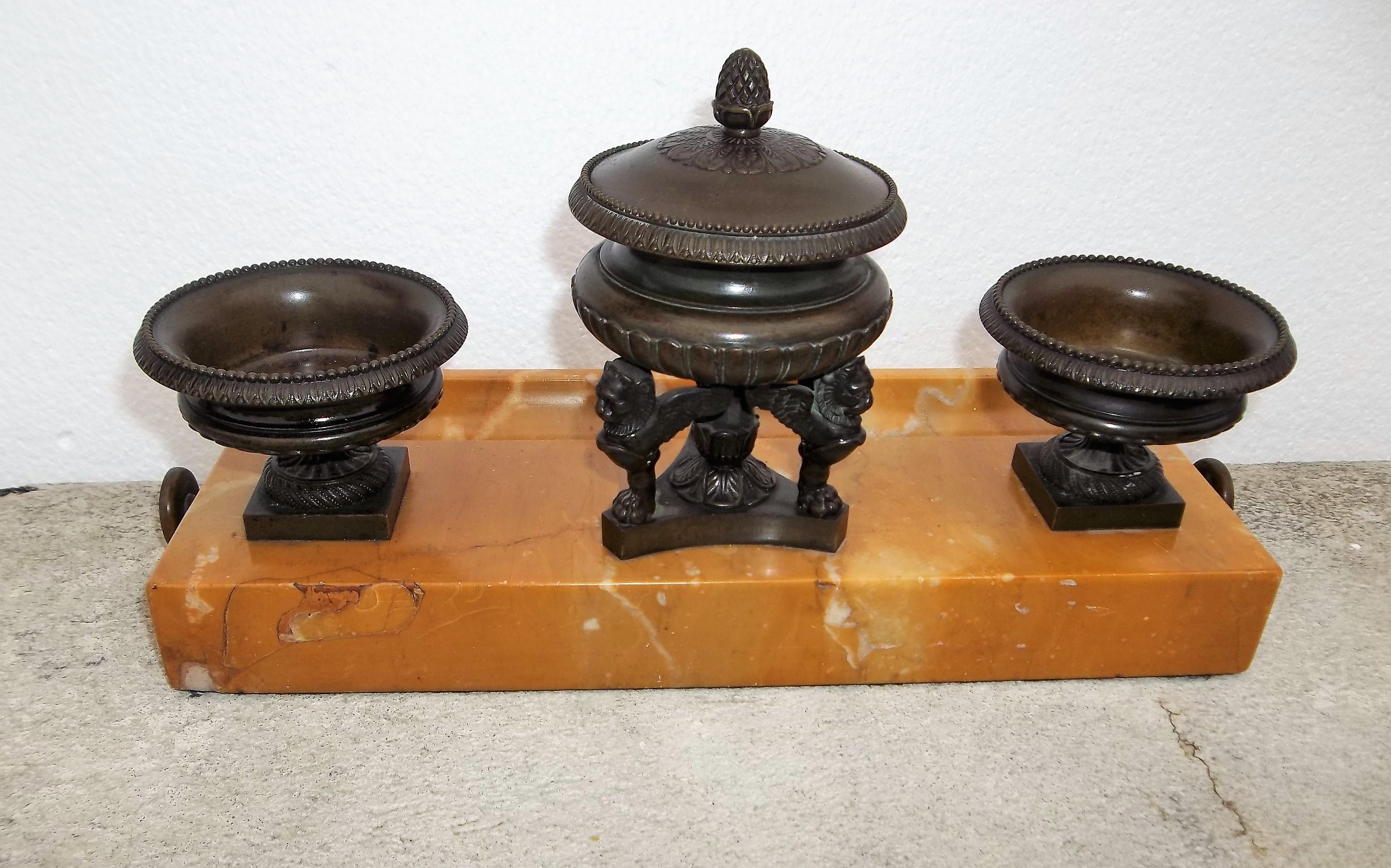French Large Neoclassical Style Bronze and Sienna Marble Inkwell