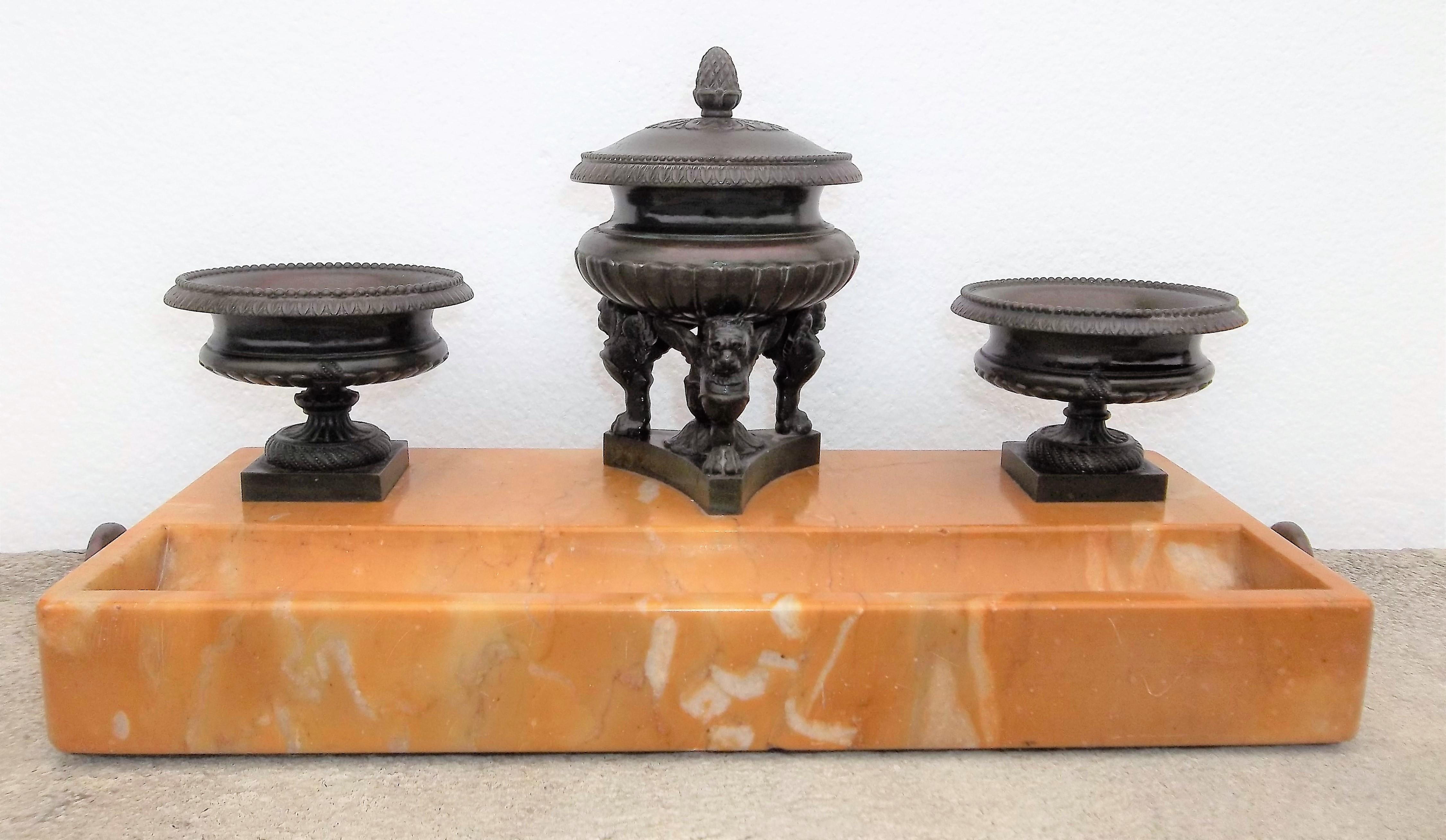 Large Neoclassical Style Bronze and Sienna Marble Inkwell In Good Condition In Nashville, TN