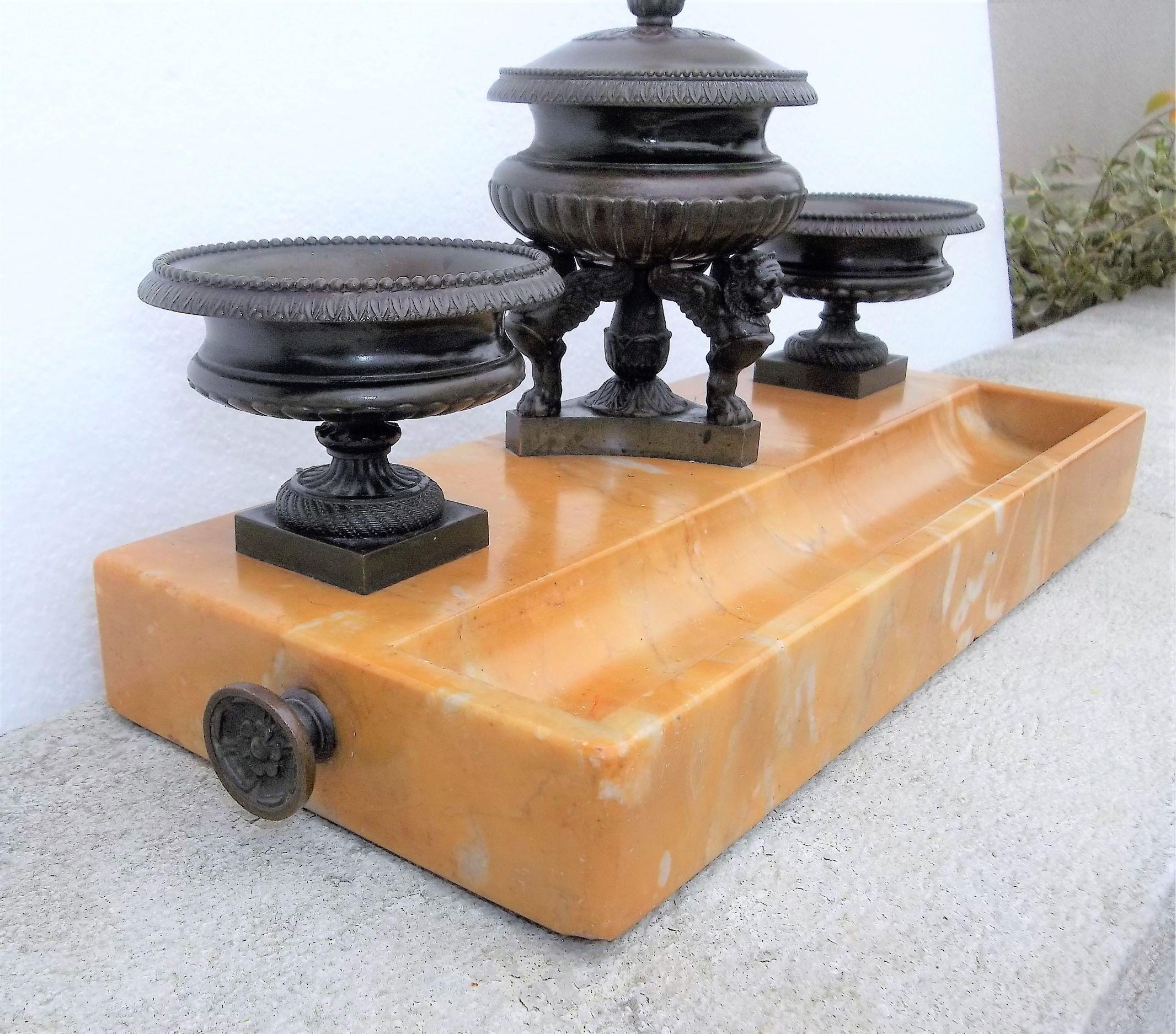19th Century Large Neoclassical Style Bronze and Sienna Marble Inkwell