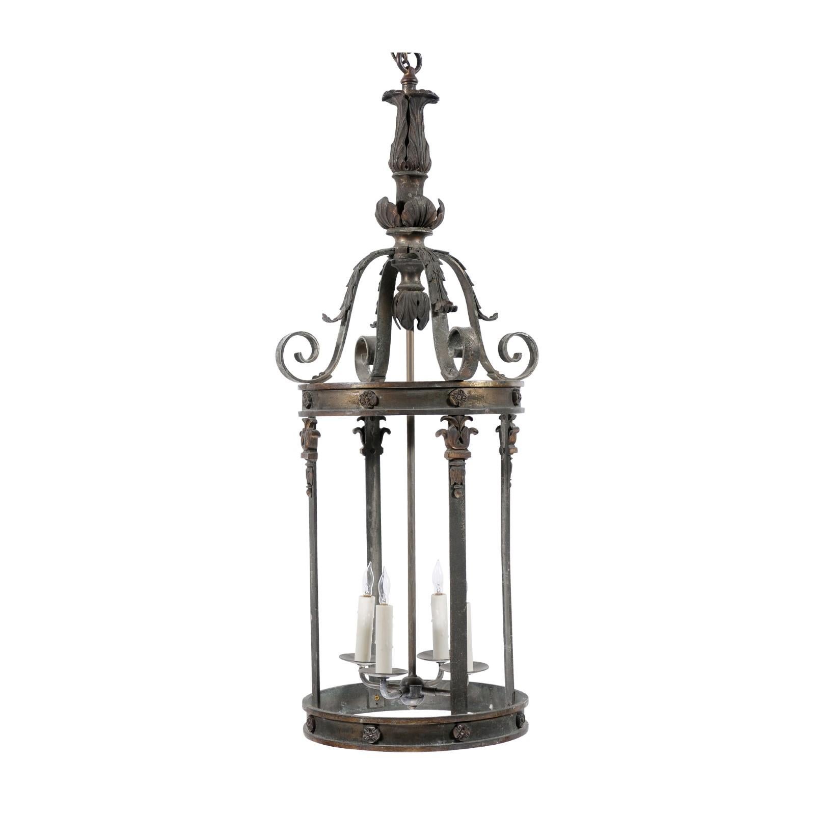 Large Neoclassical Style Bronze Lantern with 4 Lights, ca. 1900 In Good Condition For Sale In Atlanta, GA