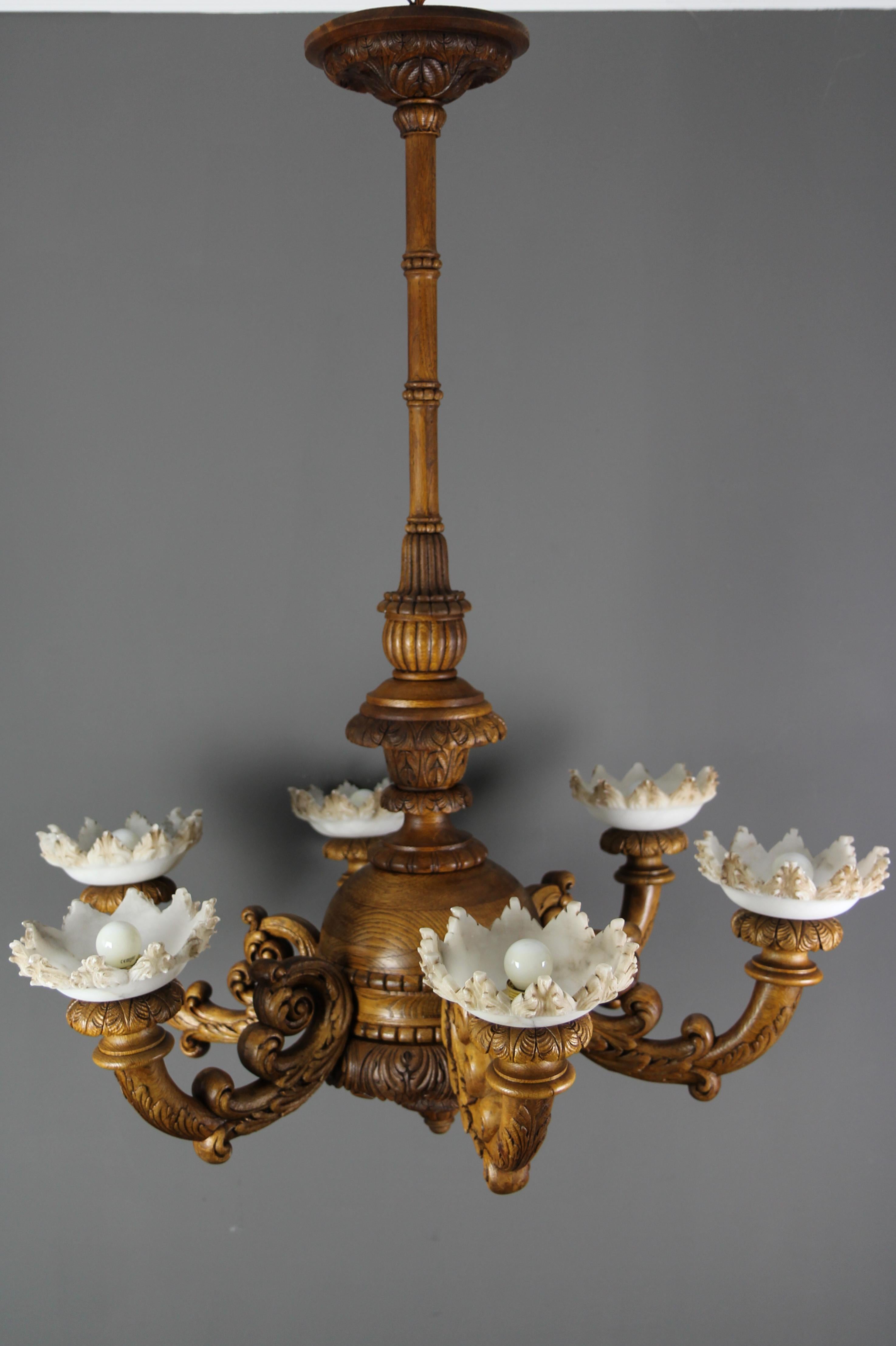 Large Neoclassical Style Carved Oakwood and Alabaster Chandelier, 1920s For Sale 8