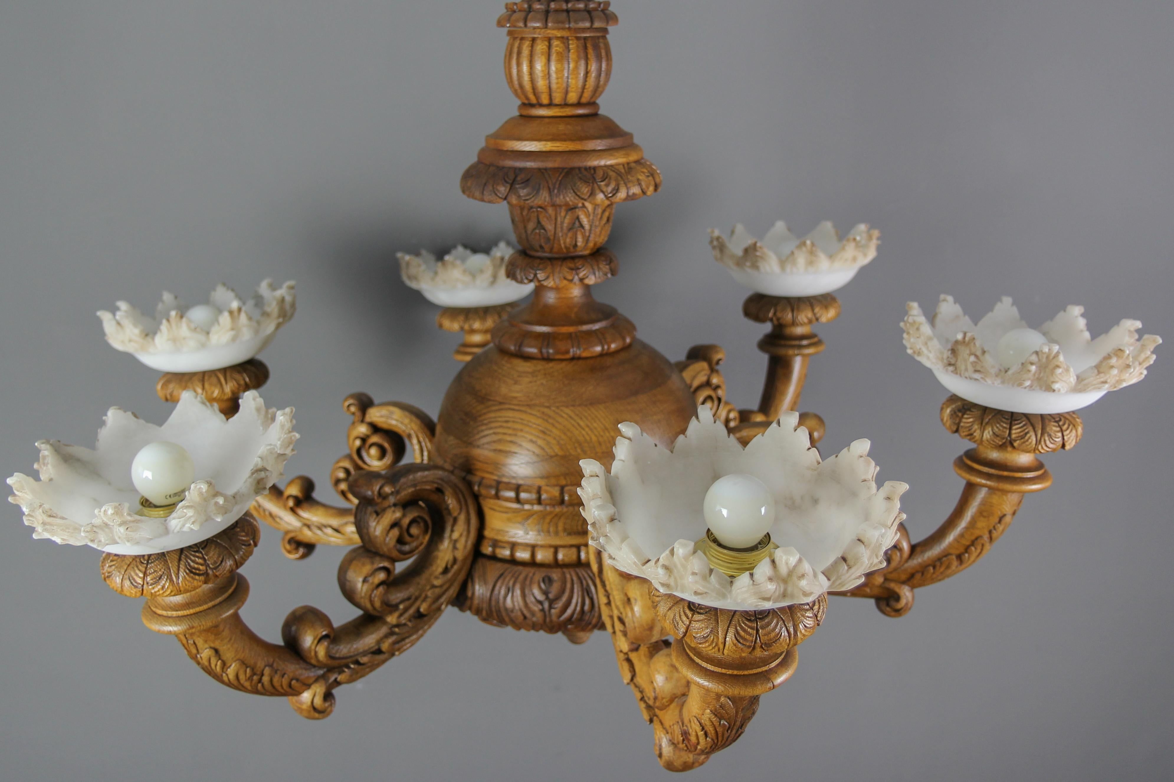 Large Neoclassical Style Carved Oakwood and Alabaster Chandelier, 1920s For Sale 9