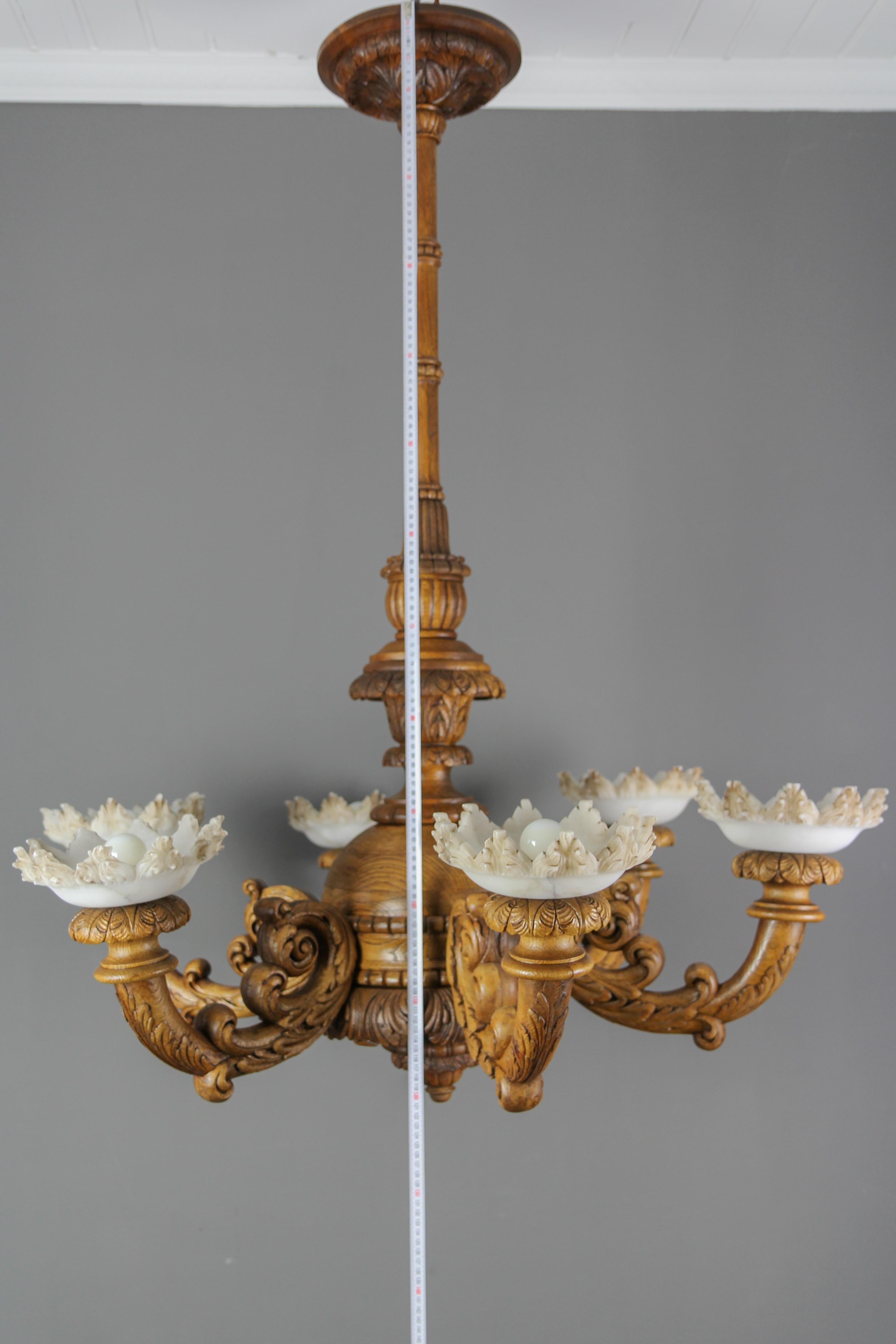 Large Neoclassical Style Carved Oakwood and Alabaster Chandelier, 1920s For Sale 14