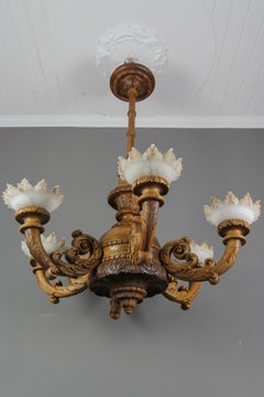 Large Neoclassical Style Carved Oakwood and Alabaster Chandelier, 1920