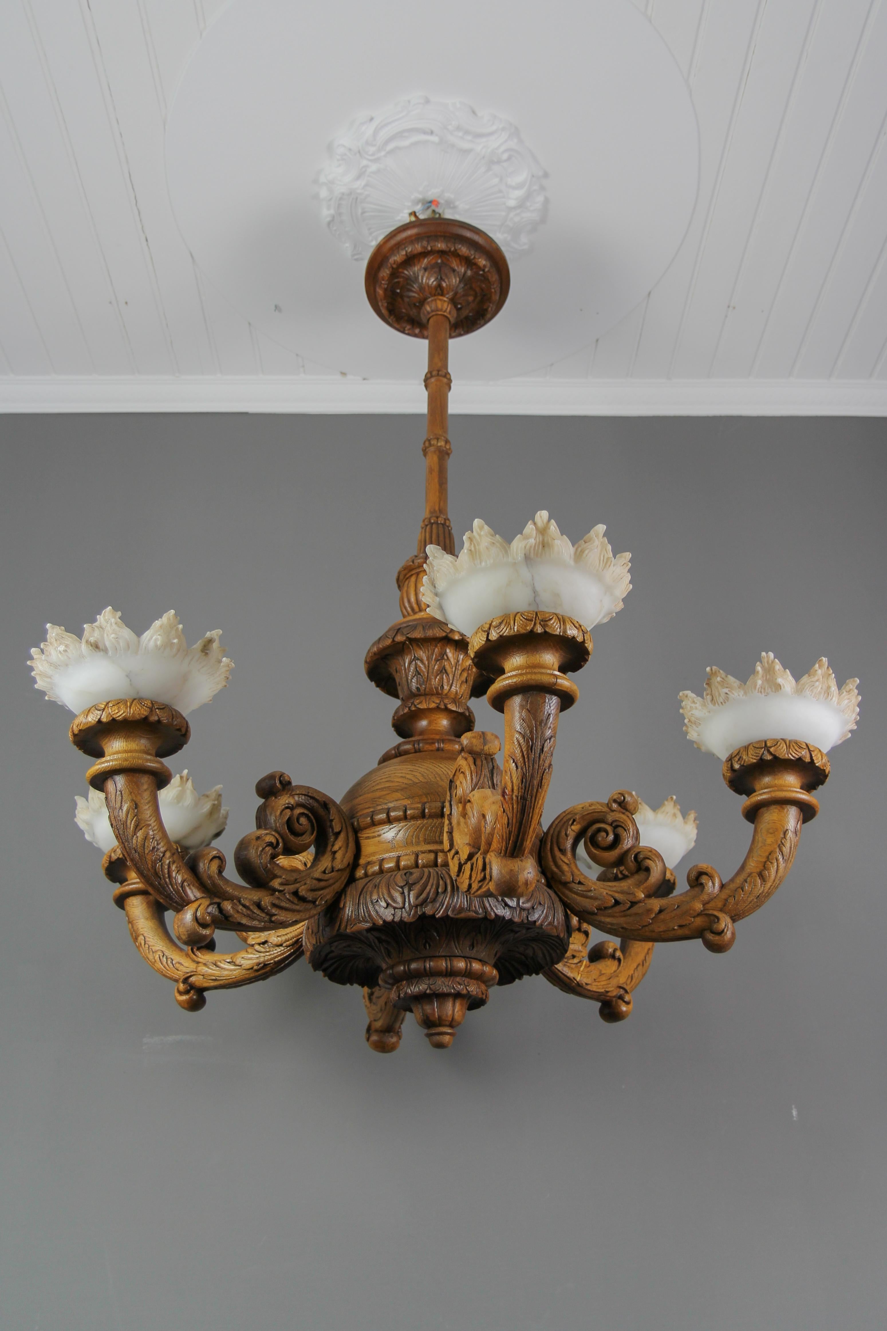 Large Neoclassical Style Carved Oakwood and Alabaster Chandelier, 1920s For Sale 15