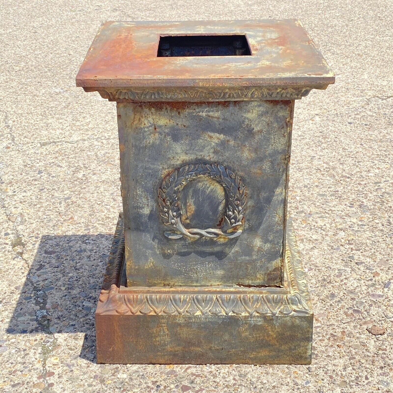 Large Neoclassical Style Cast Iron Garden Planter Urn Pedestal Base w/ Wreath A In Good Condition For Sale In Philadelphia, PA