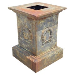Used Large Neoclassical Style Cast Iron Garden Planter Urn Pedestal Base w/ Wreath A
