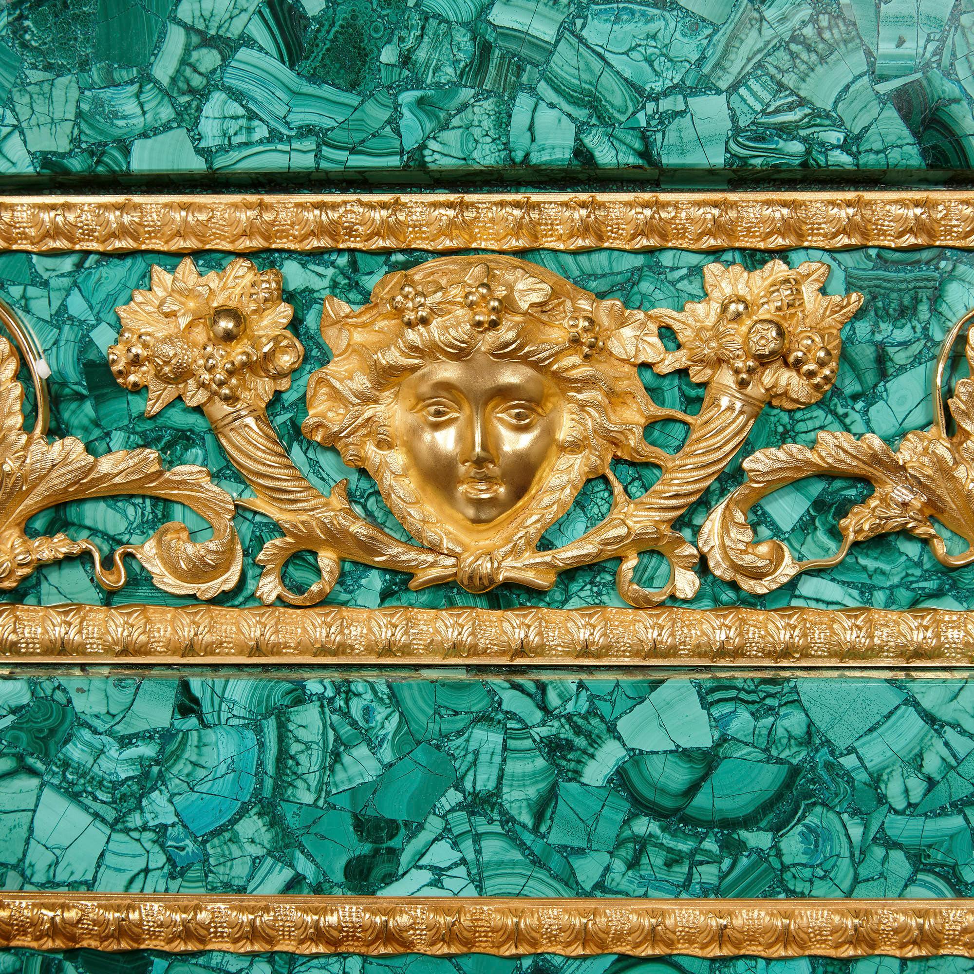 20th Century Large Neoclassical Style Gilt Bronze and Malachite Fireplace For Sale