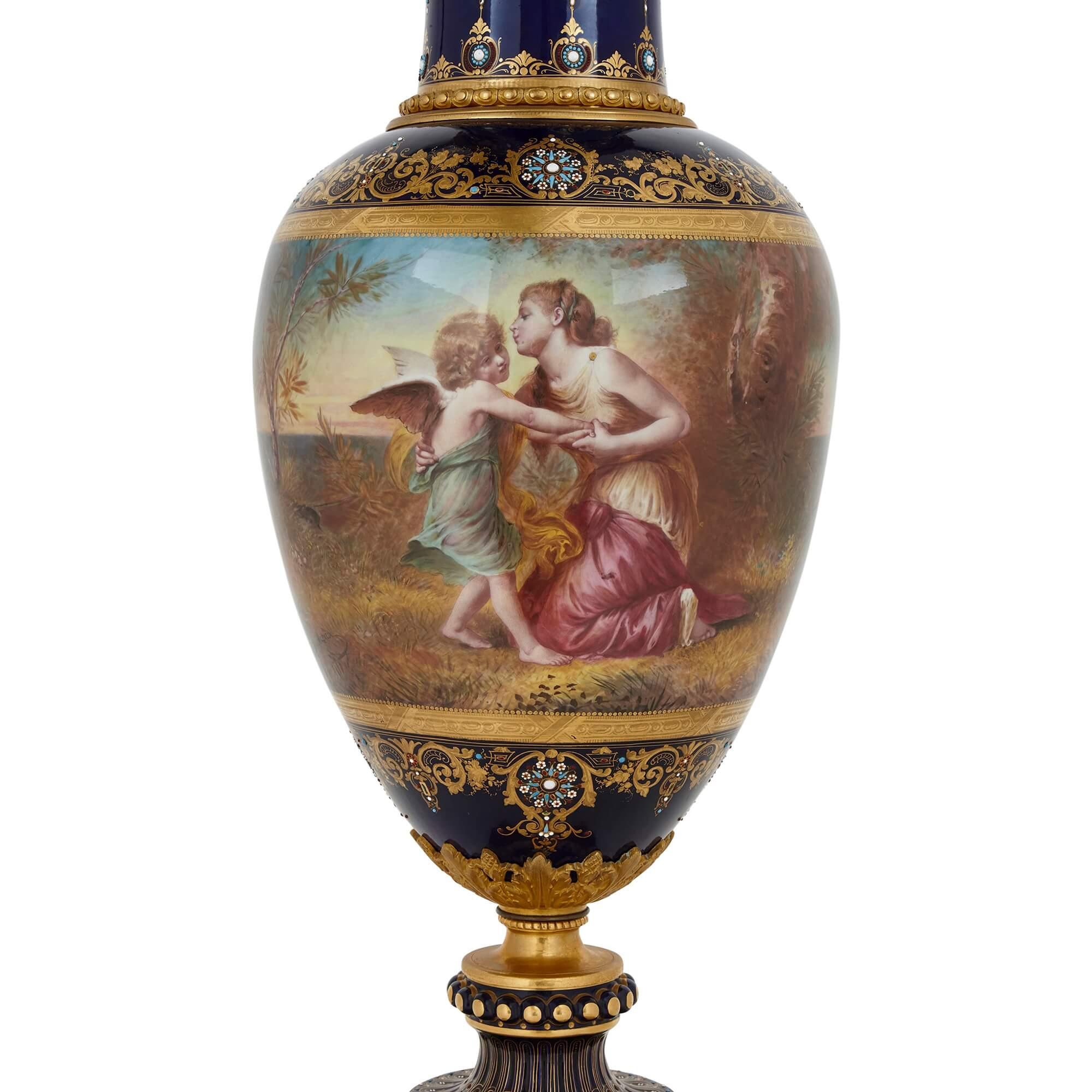 French Large Neoclassical Style Gilt Bronze and Porcelain Vase For Sale