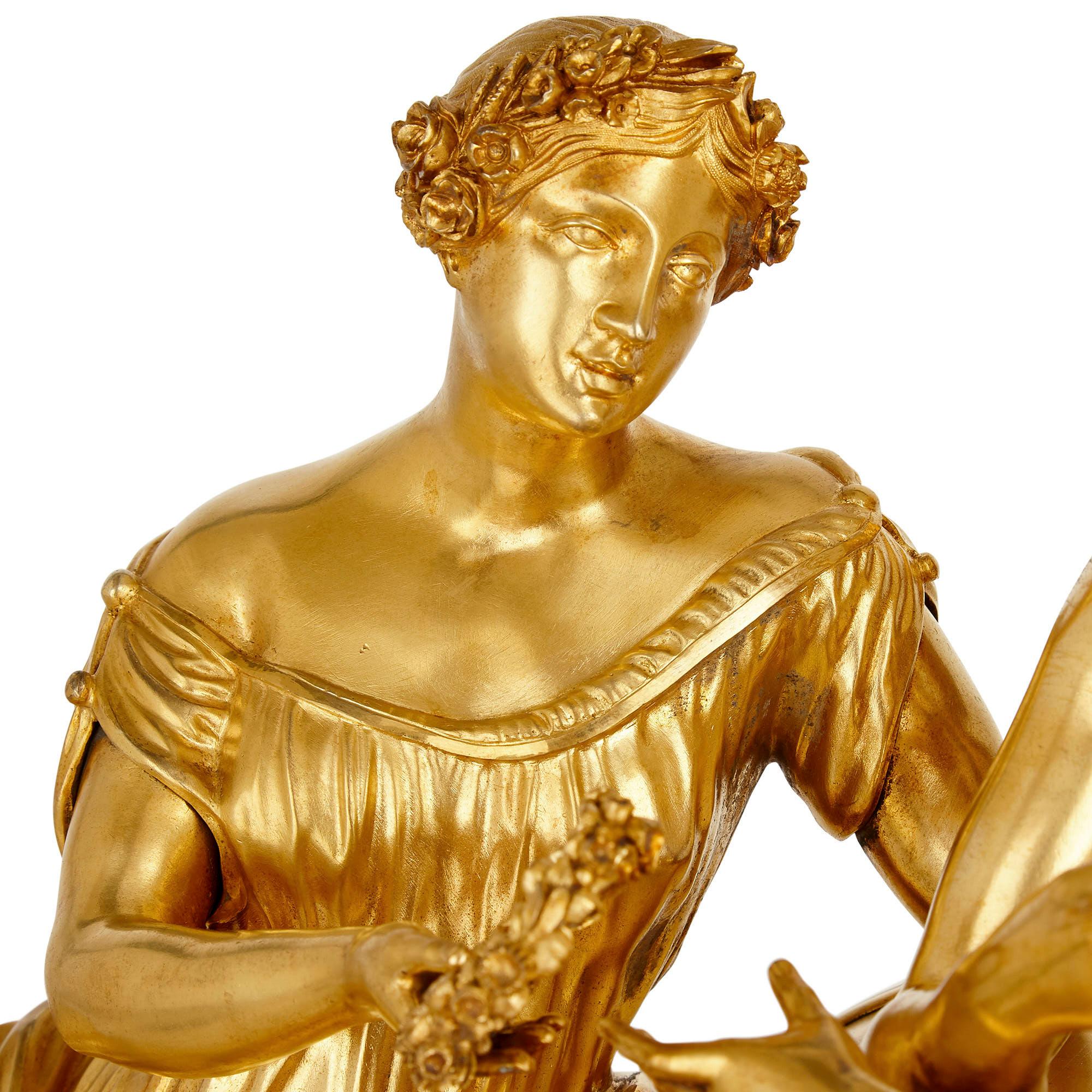 Große Kaminuhr im neoklassischen Stil aus vergoldeter Bronze mit Amor und Psyche (Vergoldet) im Angebot