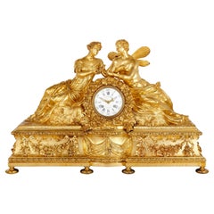 Large Neoclassical Style Gilt Bronze Mantel Clock with Cupid and Psyche