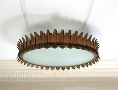 Large Neoclassical Sunburst Crown Flush Mount Light Fixture in Gilt Iron