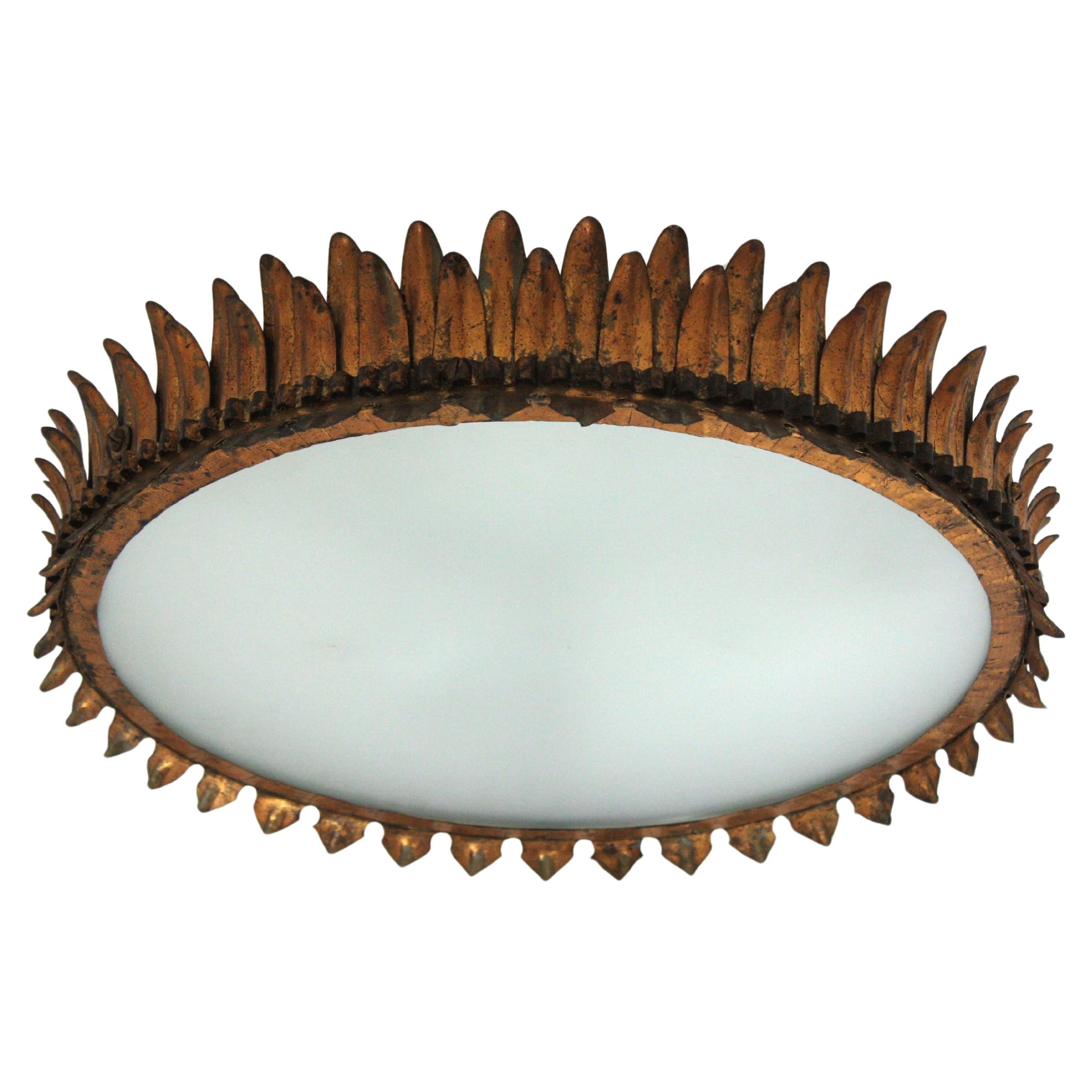 Large Neoclassical Sunburst Crown Flush Mount Light Fixture in Gilt Iron For Sale