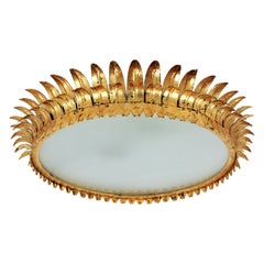 Große neoklassizistische Sunburst Crown Einbaubeleuchtung oder Pendelleuchte aus vergoldetem Eisen