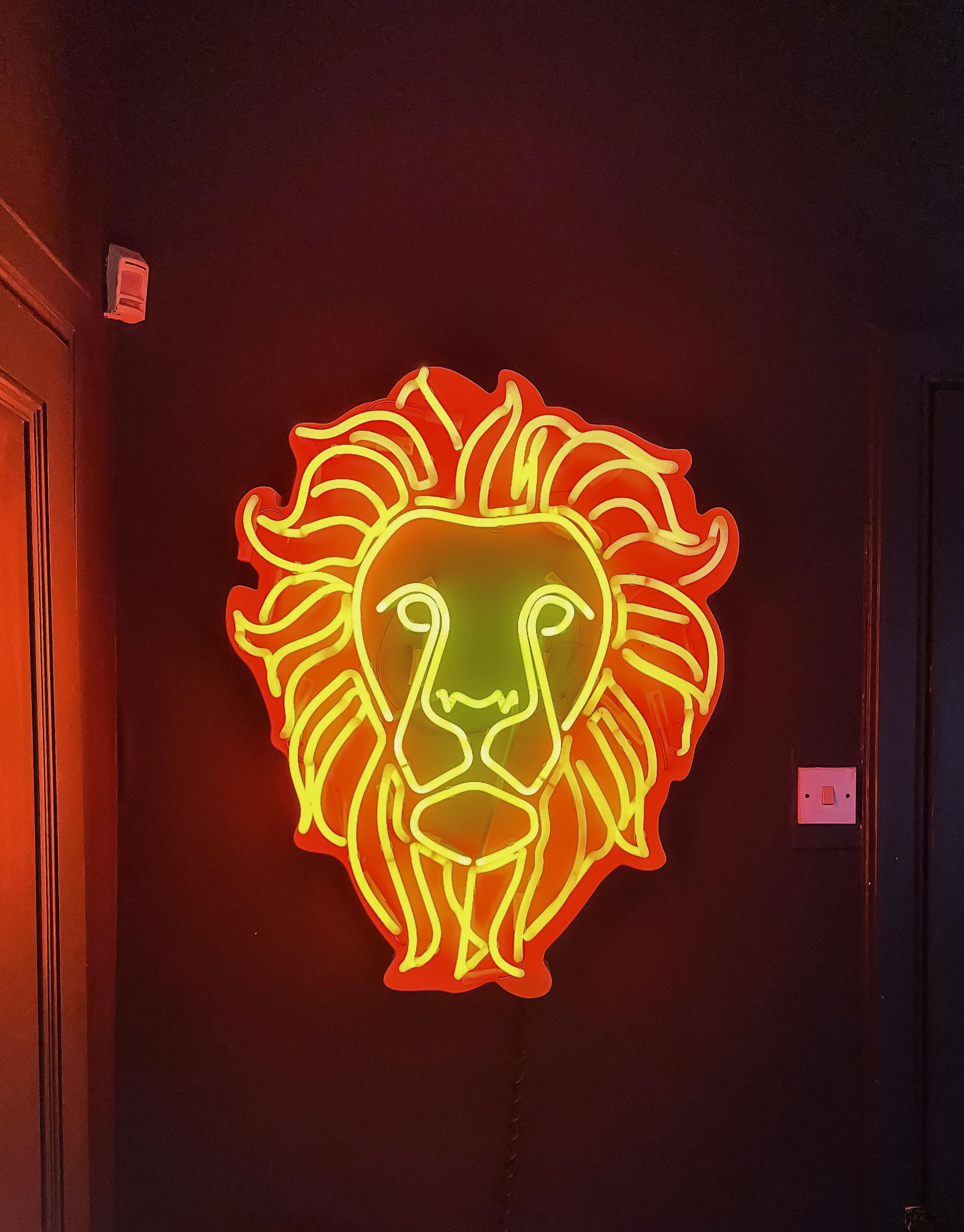 Post-Modern Large Neon Wall Light, Yellow and Orange Lions Face, Handmade in England, 2017 For Sale