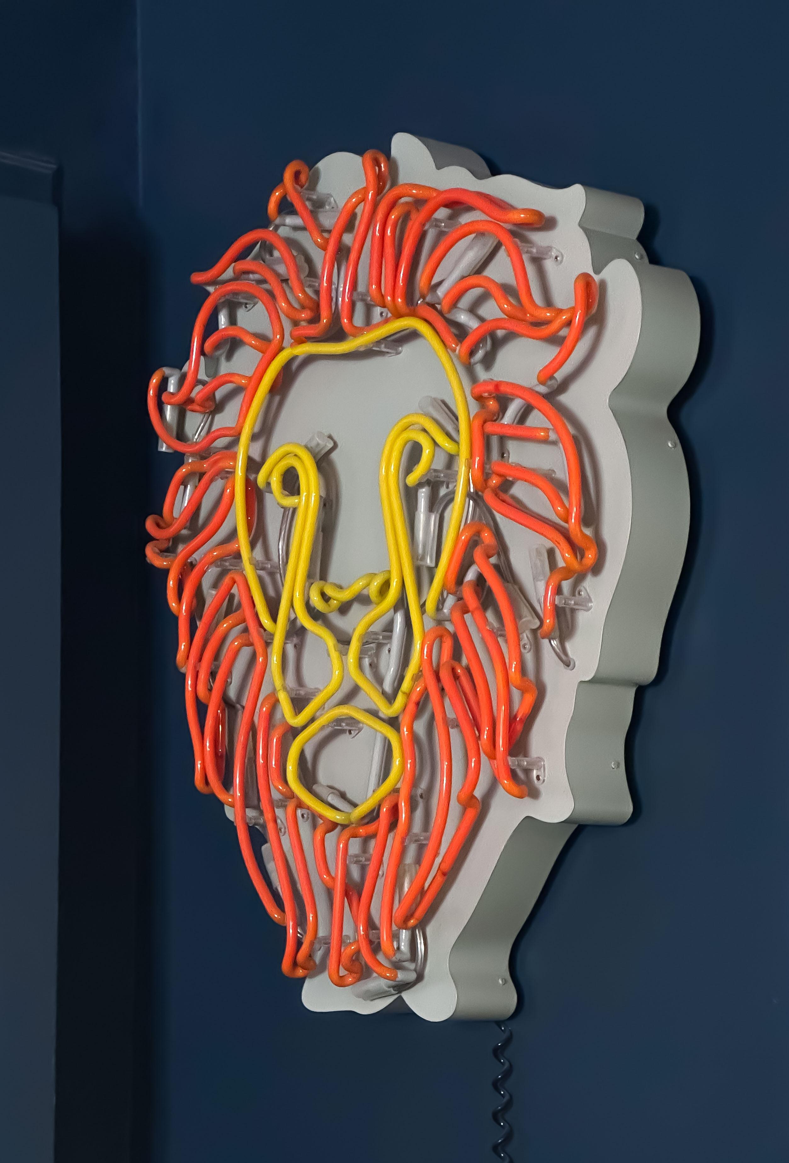 British Large Neon Wall Light, Yellow and Orange Lions Face, Handmade in England, 2017 For Sale