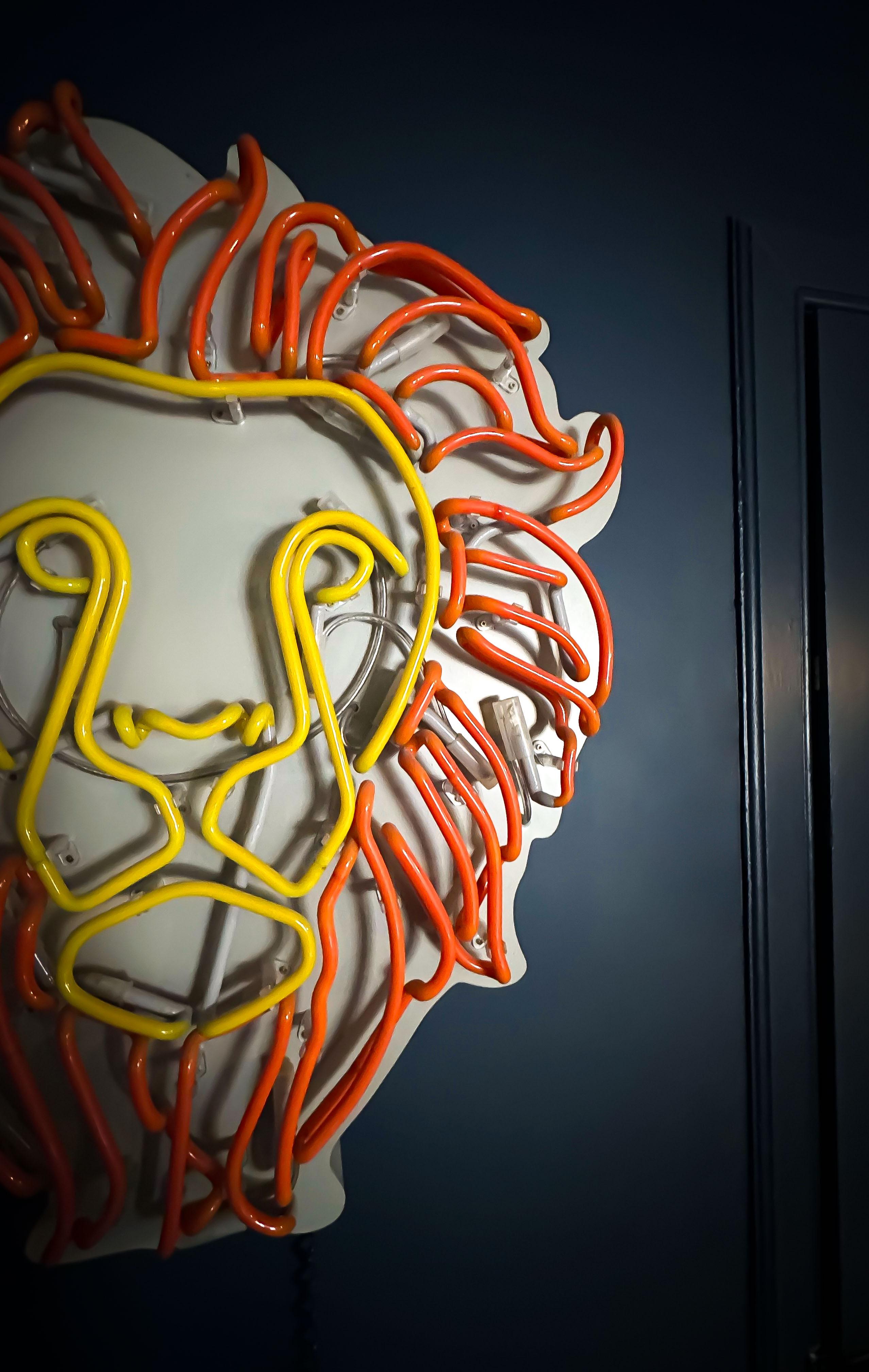 Hand-Crafted Large Neon Wall Light, Yellow and Orange Lions Face, Handmade in England, 2017 For Sale