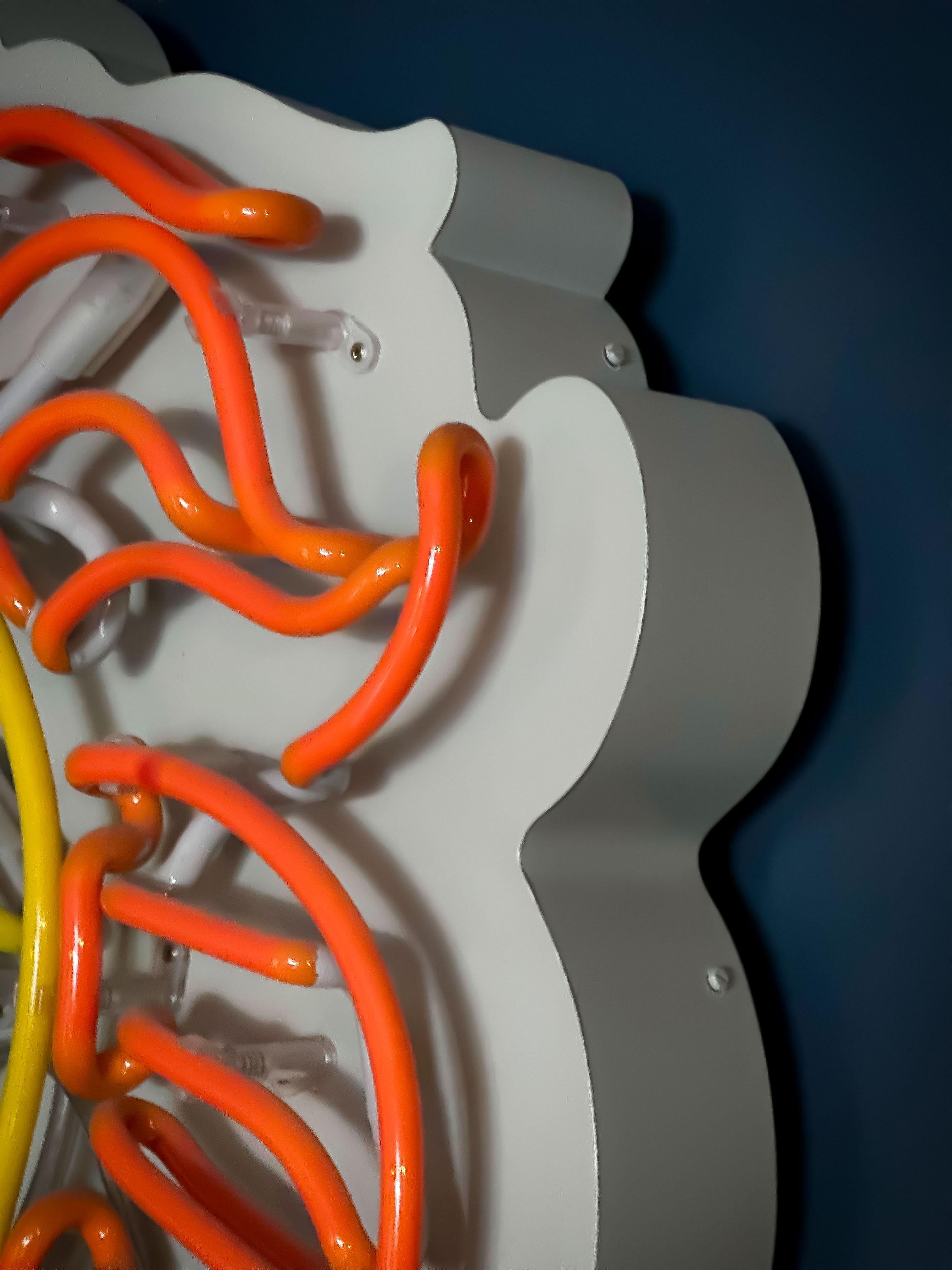 Contemporary Large Neon Wall Light, Yellow and Orange Lions Face, Handmade in England, 2017 For Sale