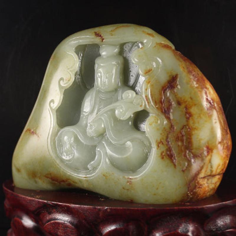 Chinese Large Nephrite Jade Kwan Yin Statue in Alcove