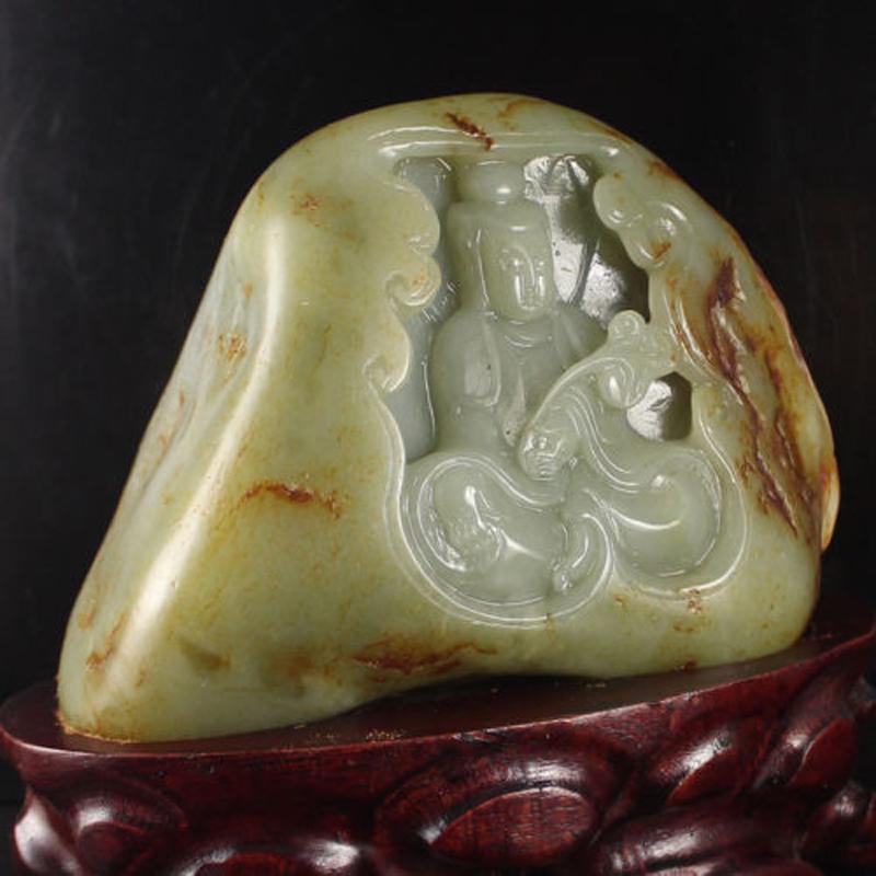 Hand-Carved Large Nephrite Jade Kwan Yin Statue in Alcove
