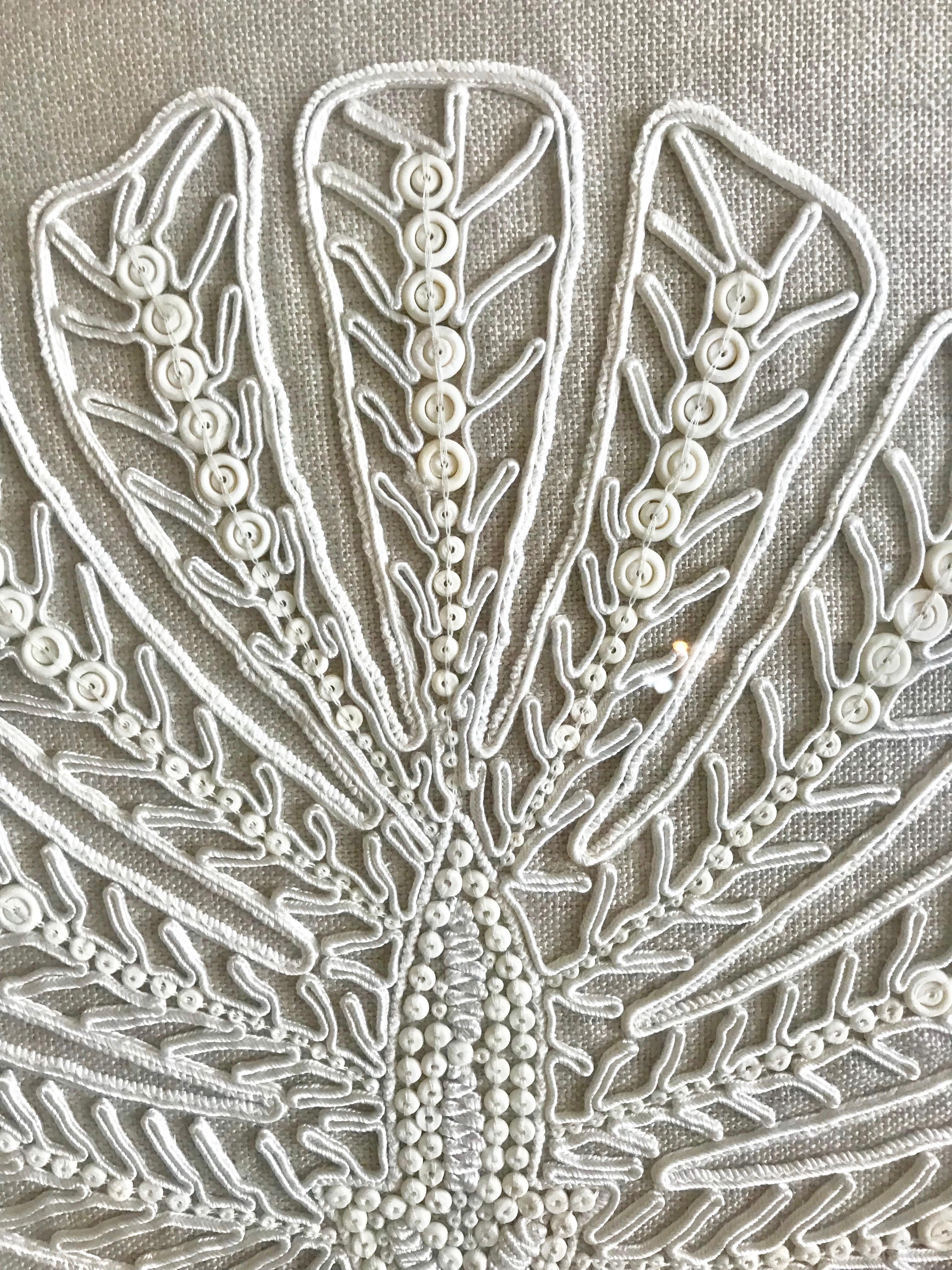 American Large Neutral Abstract White Embroidery on Taupe Muslin