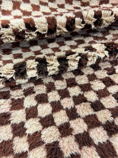 Large Neutral Brown Modern Moroccan Checkered Wool Beni M'Rirt Handwoven Rug