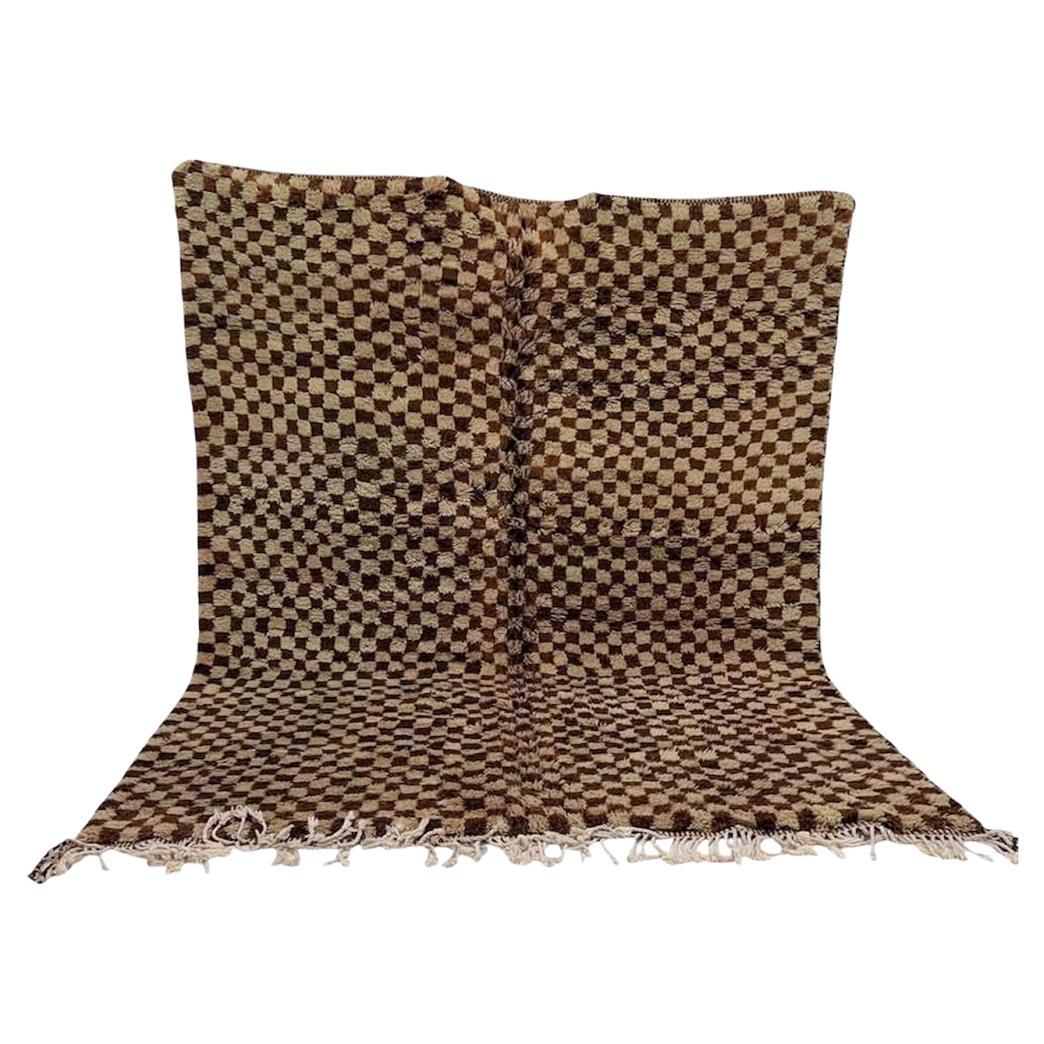 Large Neutral Brown Modern Moroccan Checkered Wool Beni M'Rirt Handwoven Rug