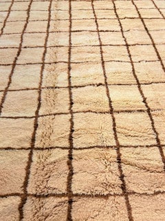 Large Neutral Modern Moroccan Tattersall Grid Wool Beni M'Rirt Handwoven Rug