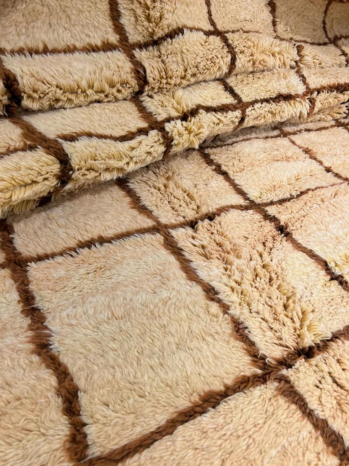 Woven Large Neutral Modern Moroccan Tattersall Grid Wool Beni M'Rirt Handwoven Rug For Sale