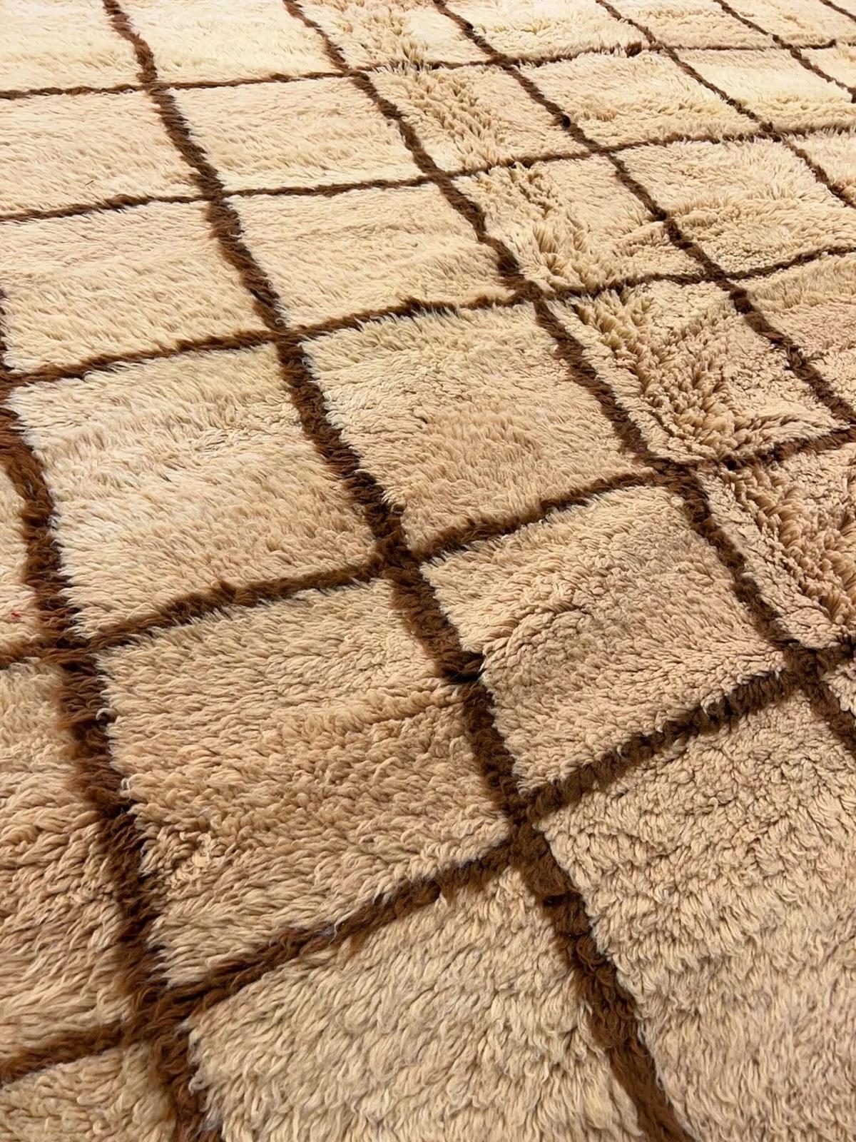 Large Neutral Modern Moroccan Tattersall Grid Wool Beni M'Rirt Handwoven Rug For Sale 1